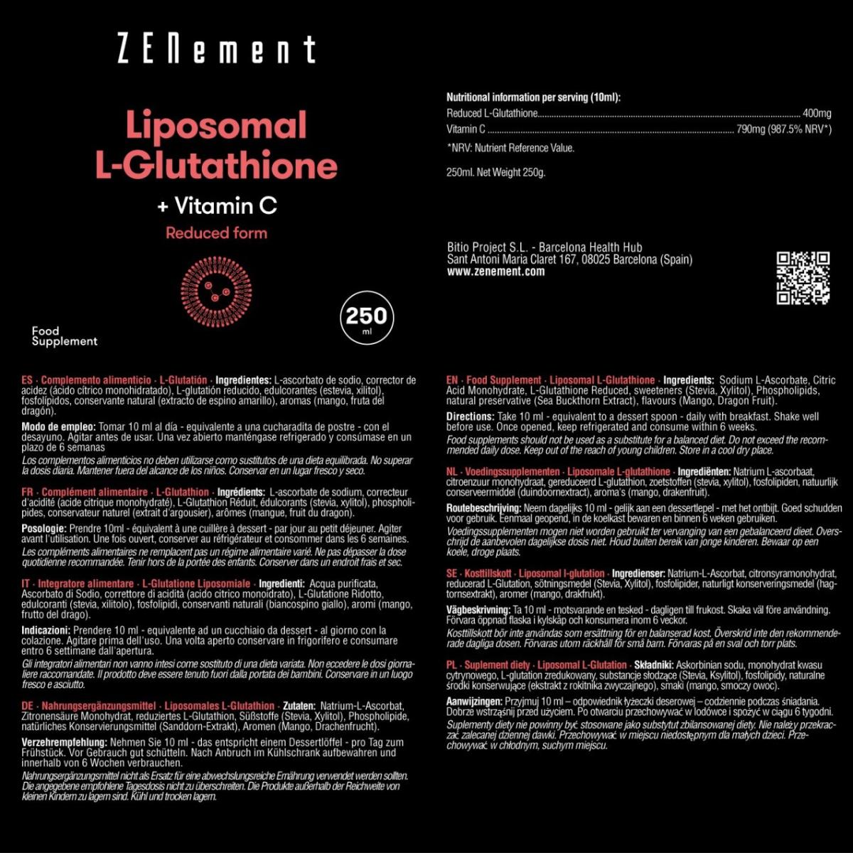 L-Glutatión + Vitamina C Liposomados Zenement, 250 ml