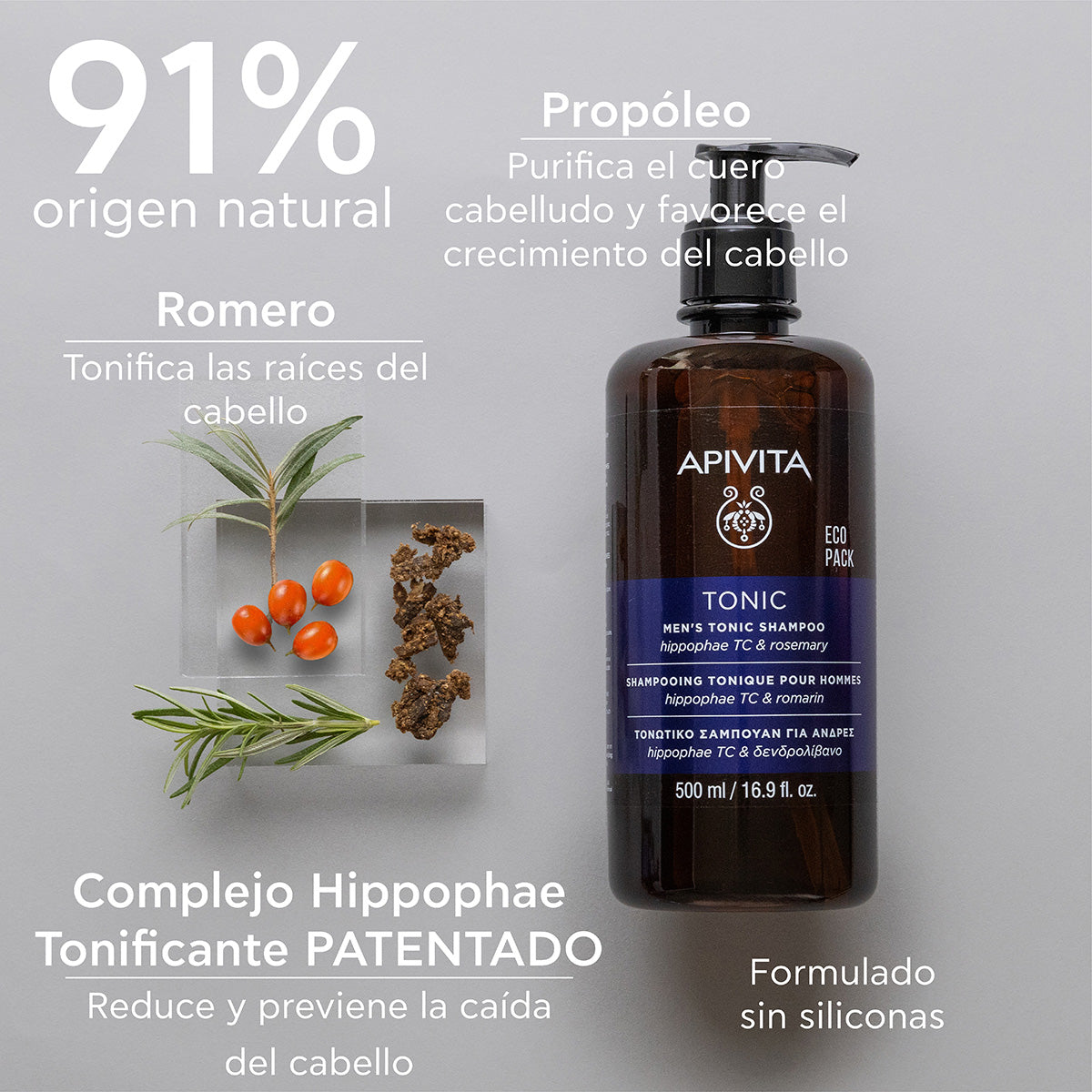Champú tonificante hombre para la caída del cabello - ECOPACK APIVITA, 500 ml
