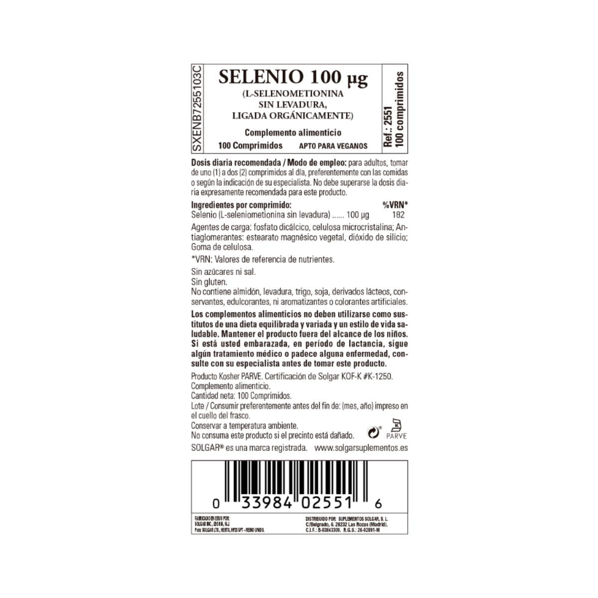 Selenio (Sin Levadura) 100 comprimidos de 100mg Solgar