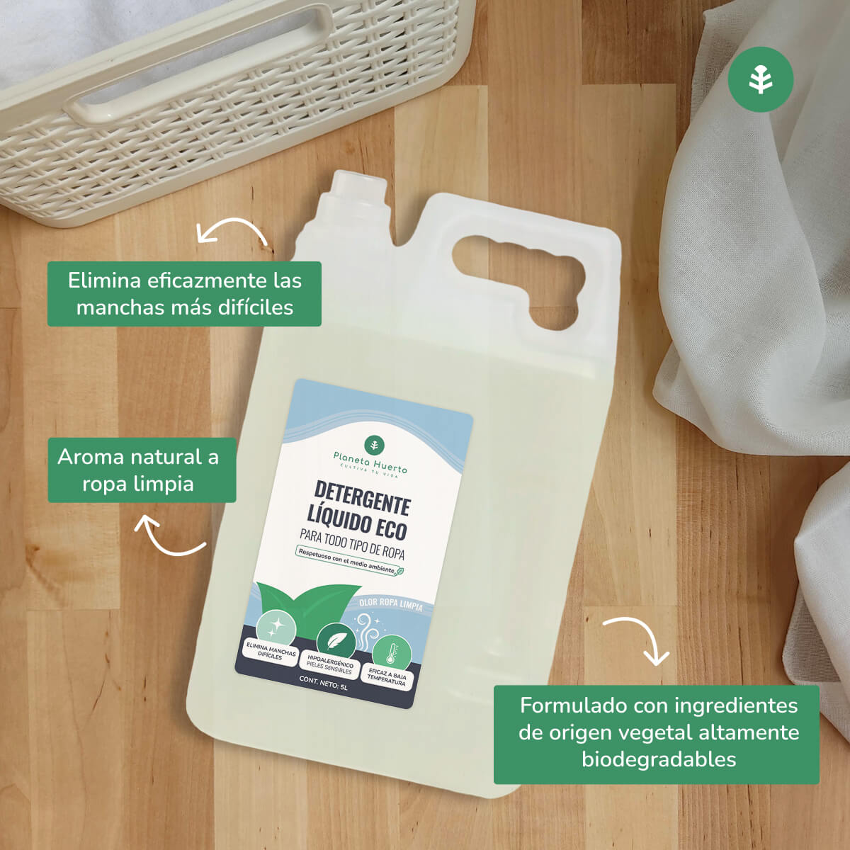 Detergente Líquido Ropa Eco  Aroma natural a ropa limpia Planeta Huerto  5 Litros