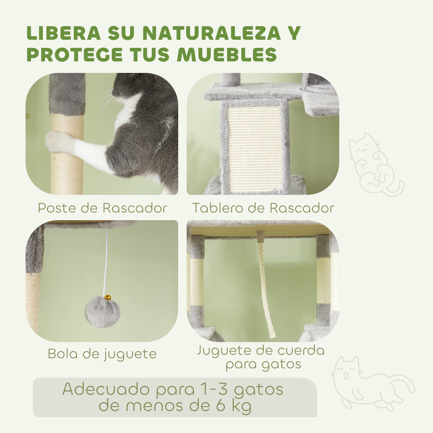 Pawhut Árbol Rascador Para Gatos Grande Altura 206 Cm Con Hamacas Gris Claro_5