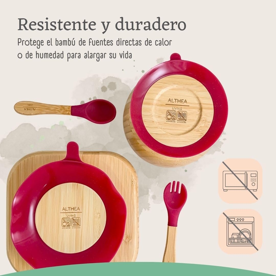 Vajilla De Bambú Natural - 4 Piezas - Rojo Carmesí._5