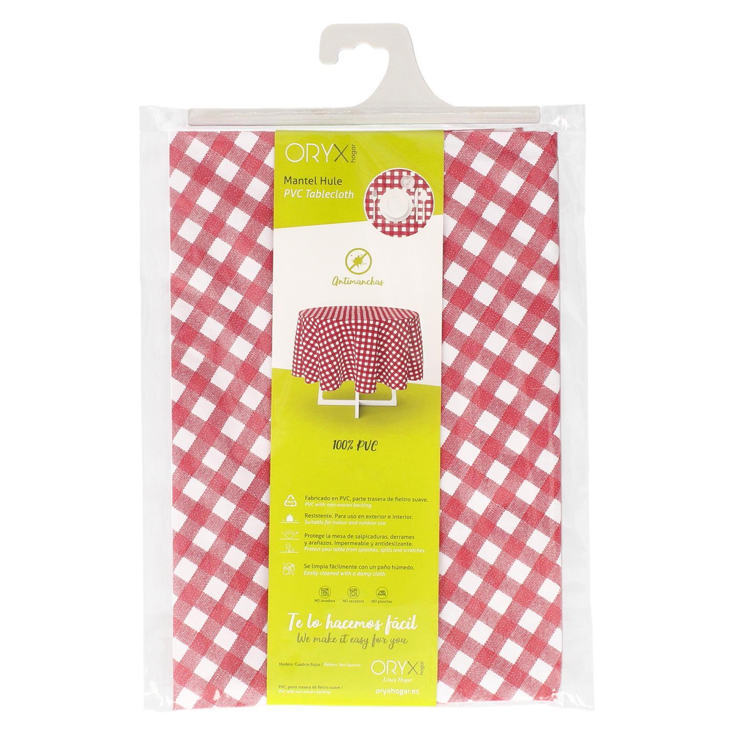 Mantel Hule Redondo Cuadros Rojos Impermeable Antimanchas Pvc Ø140 Cm. Uso Interior Y Exterior