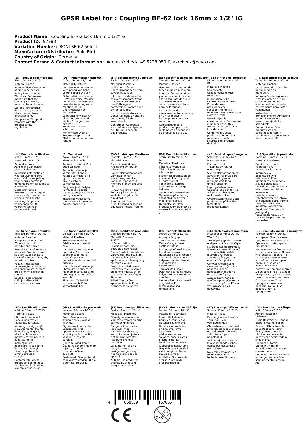 Kupplung Bf-62 Lock 16mm X 1/2 Ig