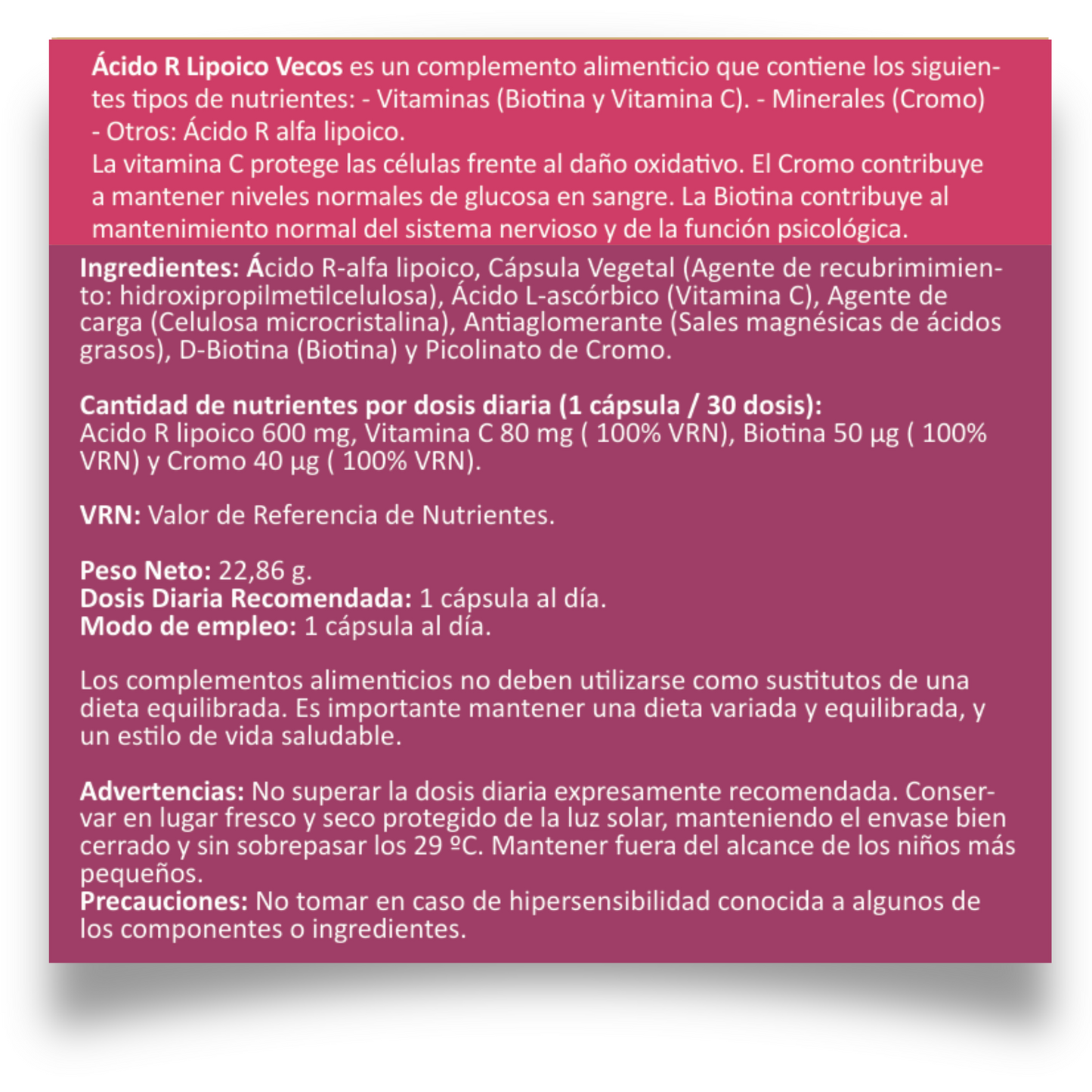 Ácido R Lipoico 600 Mg Vecos 30 Cápsulas | Potente Antioxidante | Con Vitamina C, Biotina Y Cromo_4