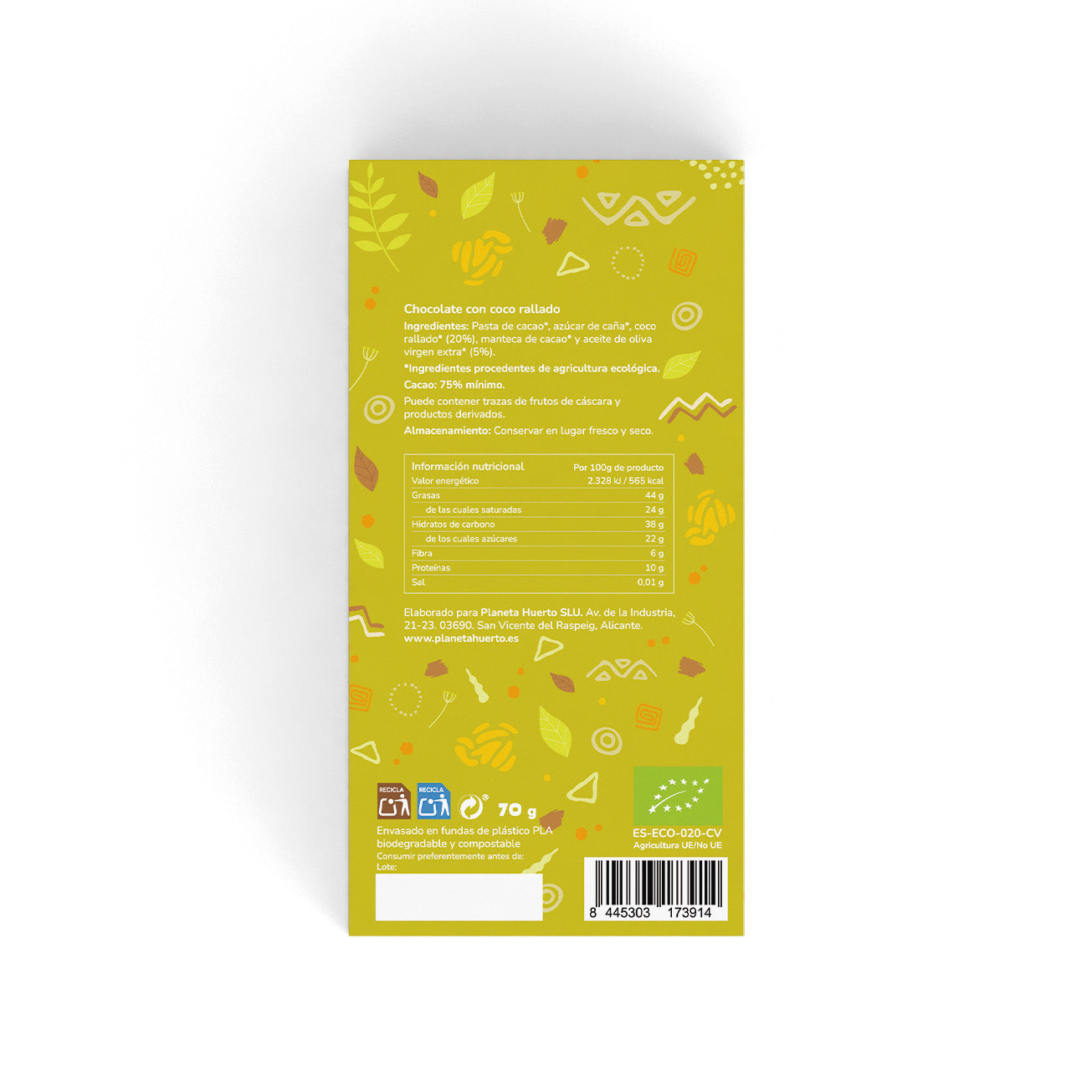 Tableta chocolate 75% con coco rallado ECO Planeta Huerto 70 gr