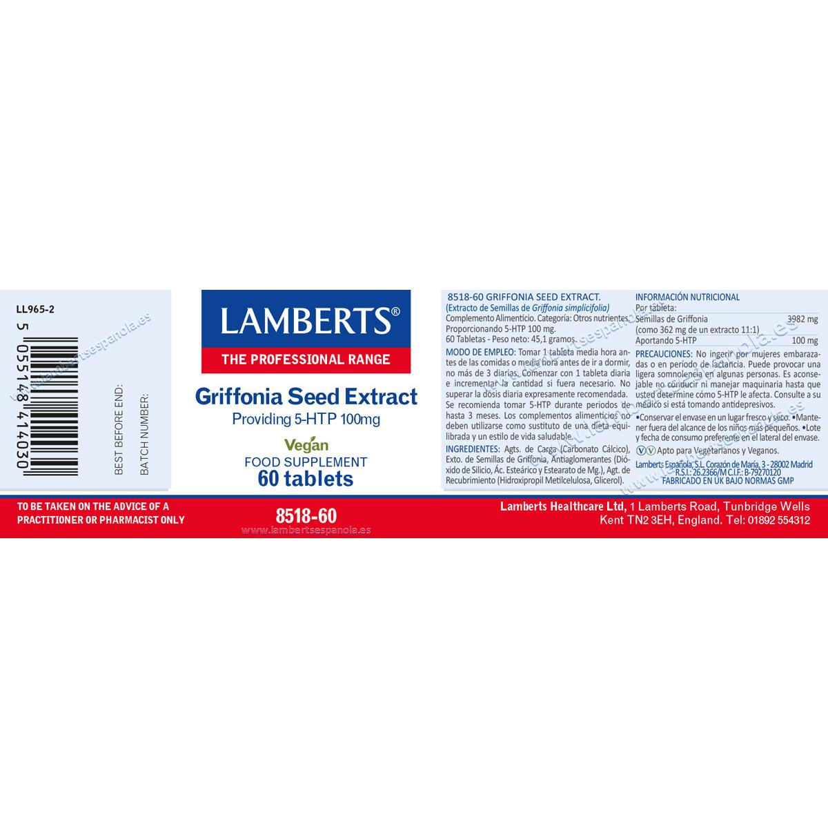 Extracto de semillas de Griffonia Lamberts 60 tabletas 100mg