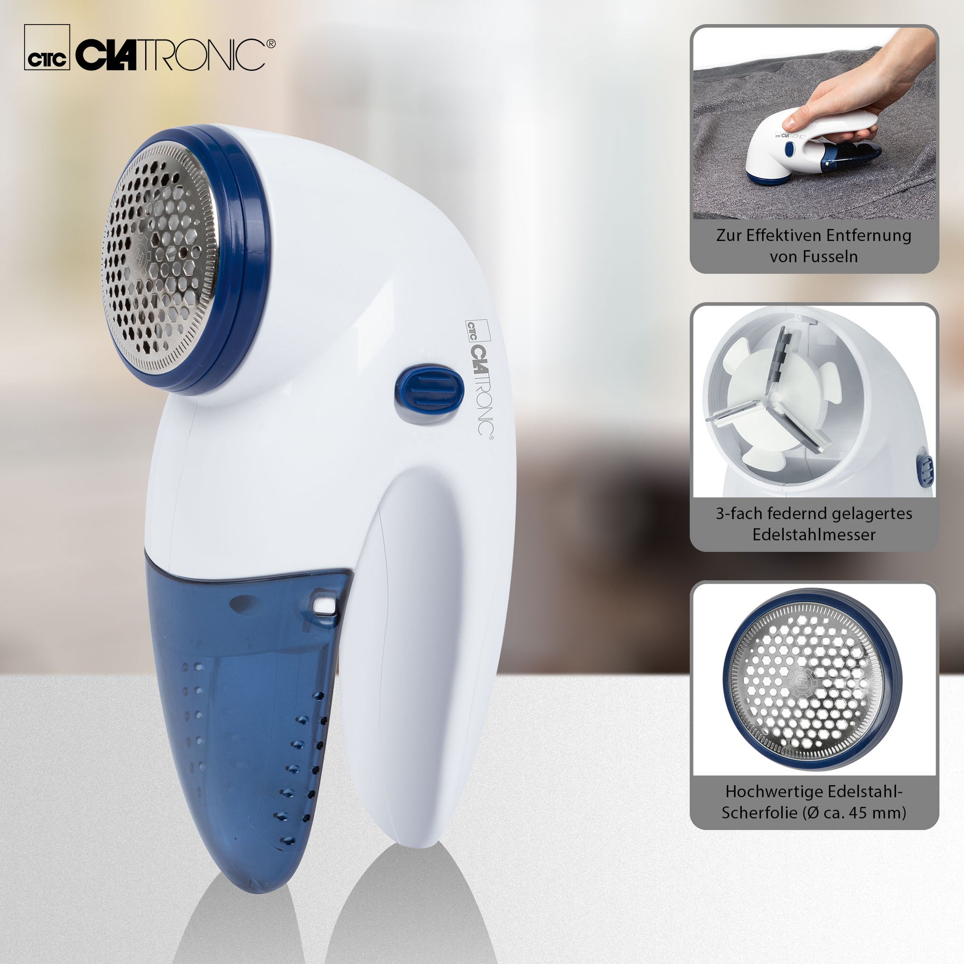 Quitapelusas Eléctrico, Elimina Pelotillas Ropa, Cuchillas Acero Inoxidable, Depósito Extraíble Clatronic Cla-tc3759 Blanco/azul