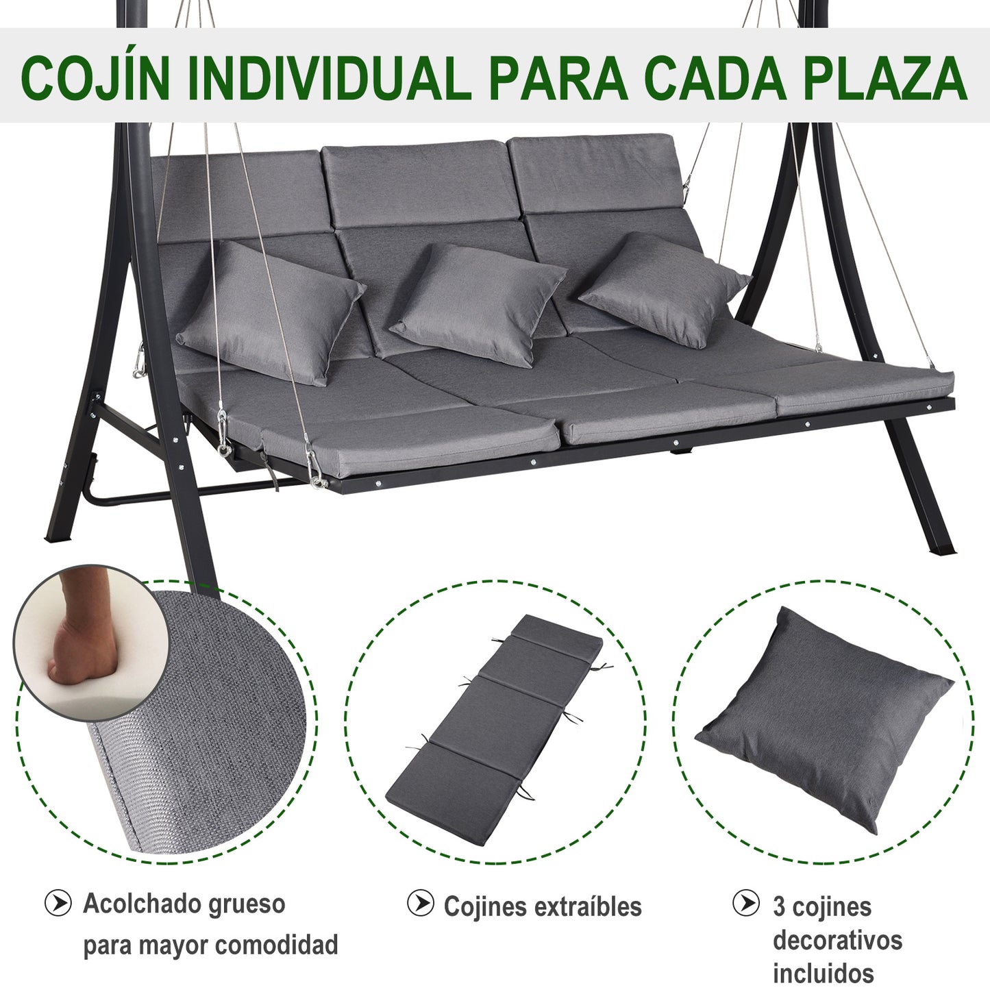 Outsunny Columpio Balancín De Jardín Con Dosel Ajustable De 3 Plazas Con Cojines_5