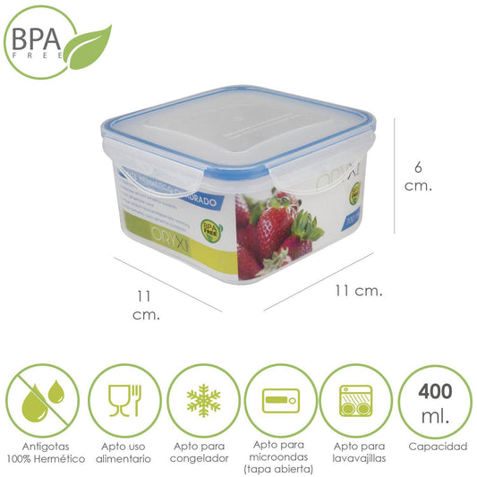 Recipiente Hermetico Plastico Cuadrado 400 Ml.  11x11x6 (alt.) Cm.