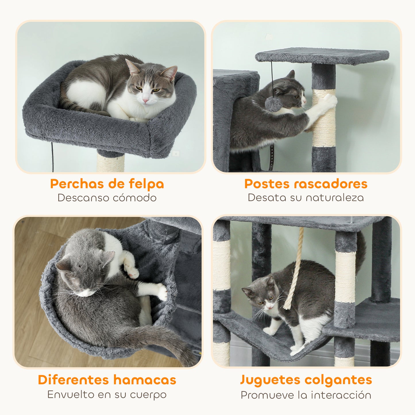 Pawhut Árbol Rascador Para Gatos 202 Cm Con Plataformas 2 Camas 2 Cuevas Gris_5