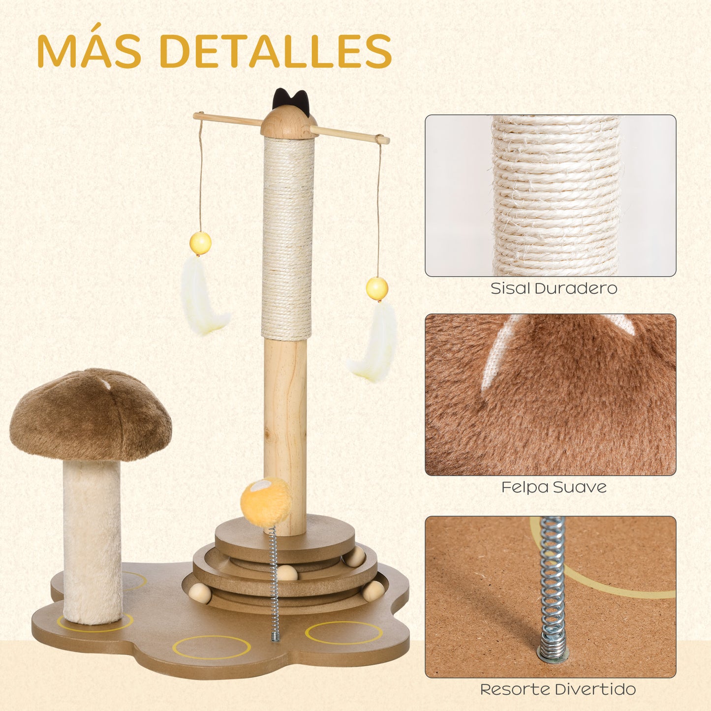 Pawhut Rascador Para Gatos De Sisal Con Seta Juego Con Muelle Y Base De Madera_5