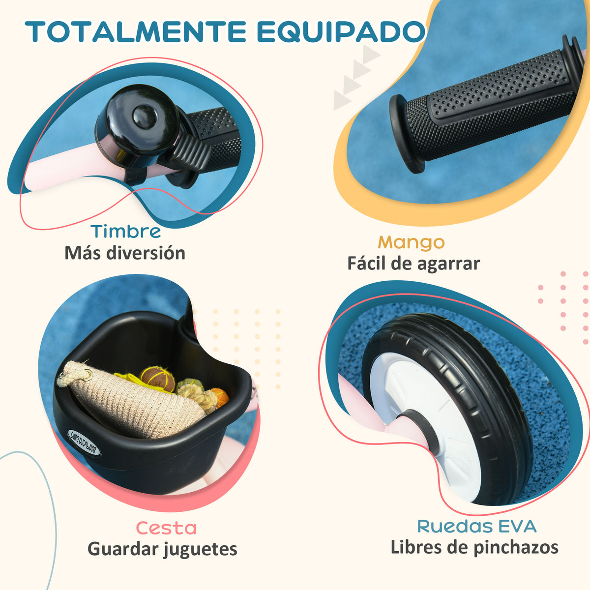 Aiyaplay Triciclo Para Niños De 2 A 5 Años Con Cesta Timbre 70,5x53x58 Cm Rosa_5