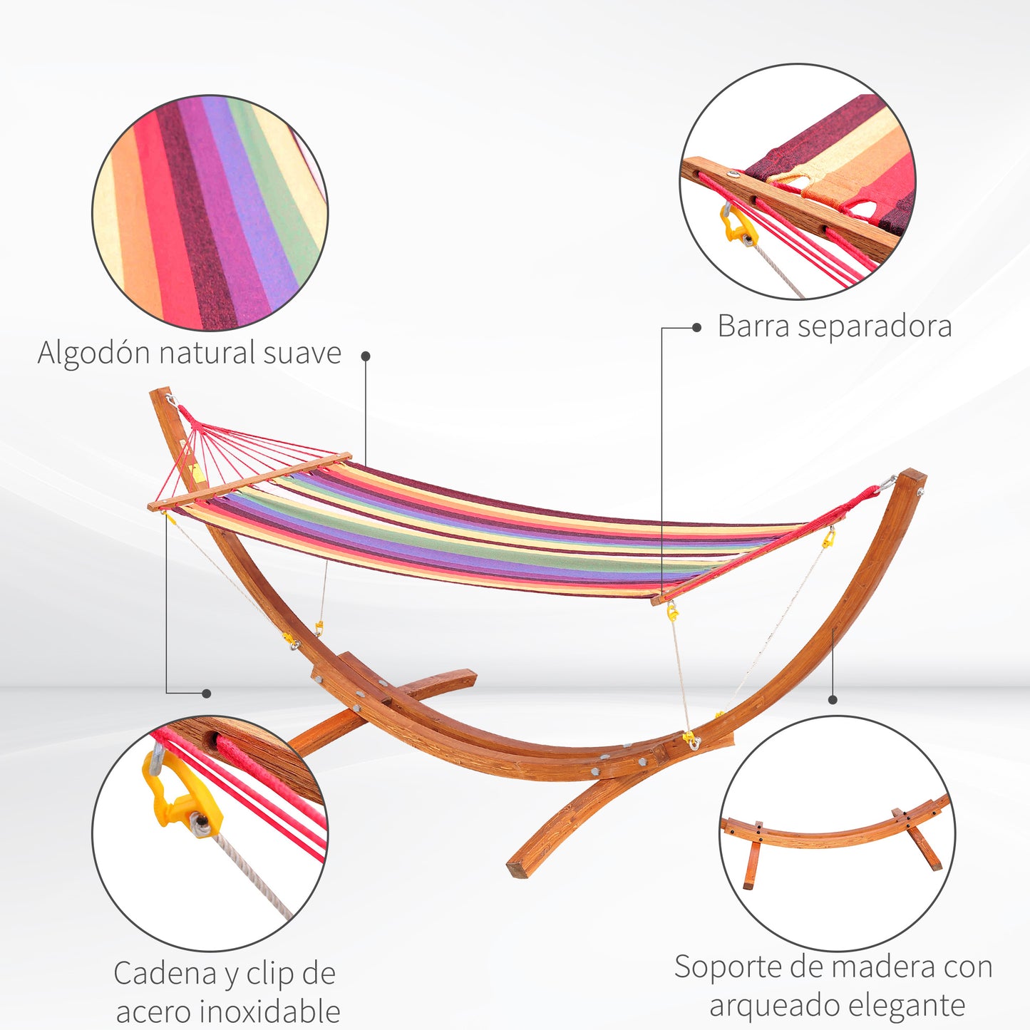 Outsunny Hamaca Con Soporte De Madera Tumbona Para Jardín Playa Carga 120kg_5