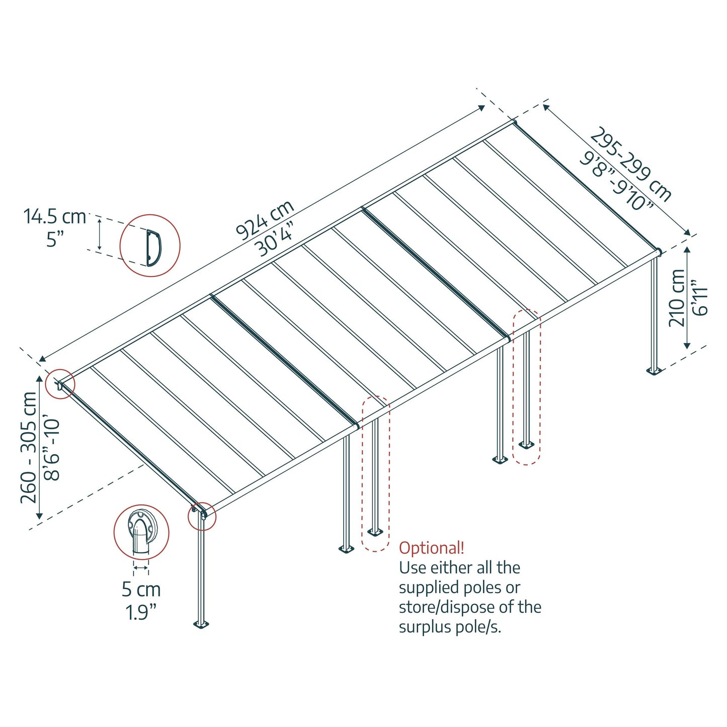 Pérgola adosada Sierra 299x924 cm gris