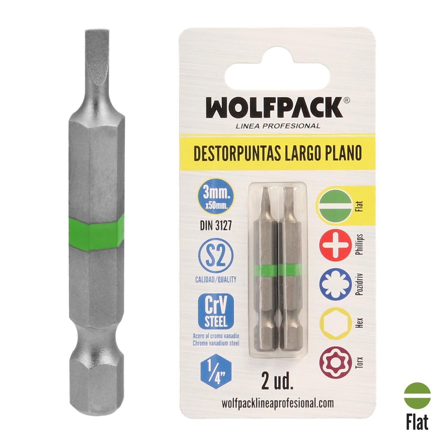 Puntas Destornillador Largo Plano 3 Mm. (2 Piezas). Acero S2 Al Cromo Vanadio. Puntas Hexagonales, Destorpuntas,