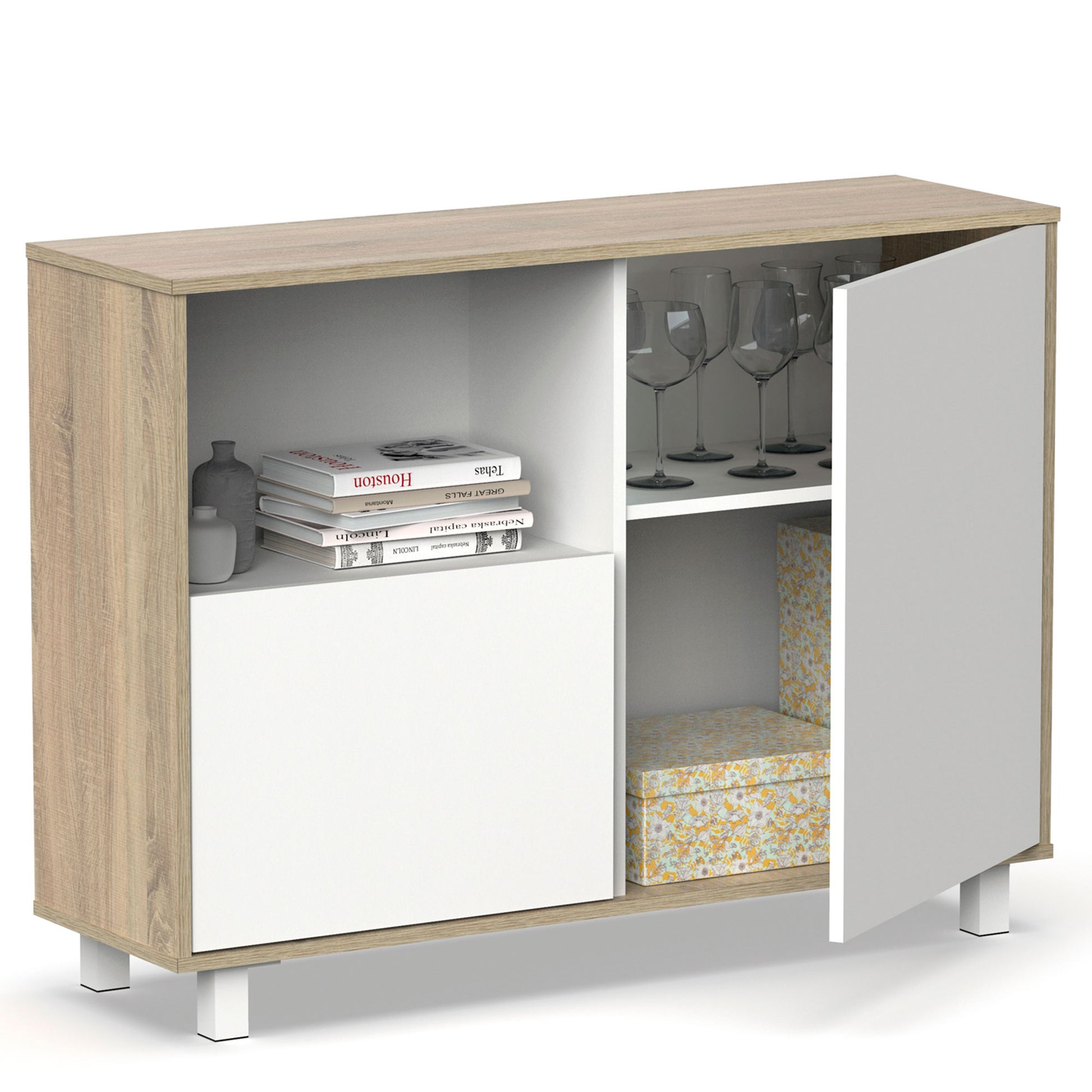 Aparador, Mueble Salón Auxiliar, Buffet, 2 Puertas, 1 Estante 82,5x112x33 Cm Recibidor Moderno, Briebe, Nova, Blanco