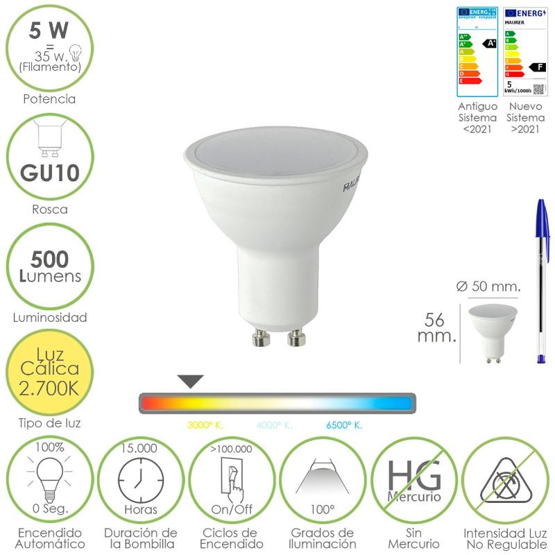 Bombilla Led Dicroica Rosca Gu10. 5 Watt. Equivale A 30 Watt. 500 Lumenes. Luz Cálida (2700º K)_0