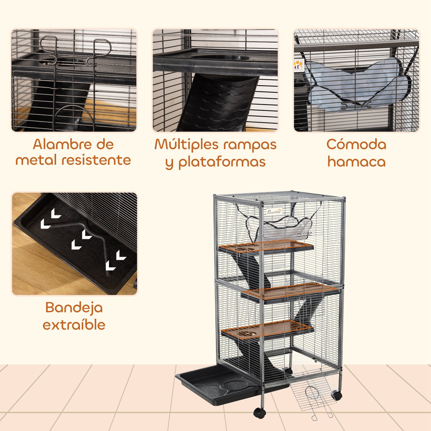 Pawhut Jaula Para Animales Pequeños De 4 Niveles Con Ruedas 52x52x113,5cm Gris_5
