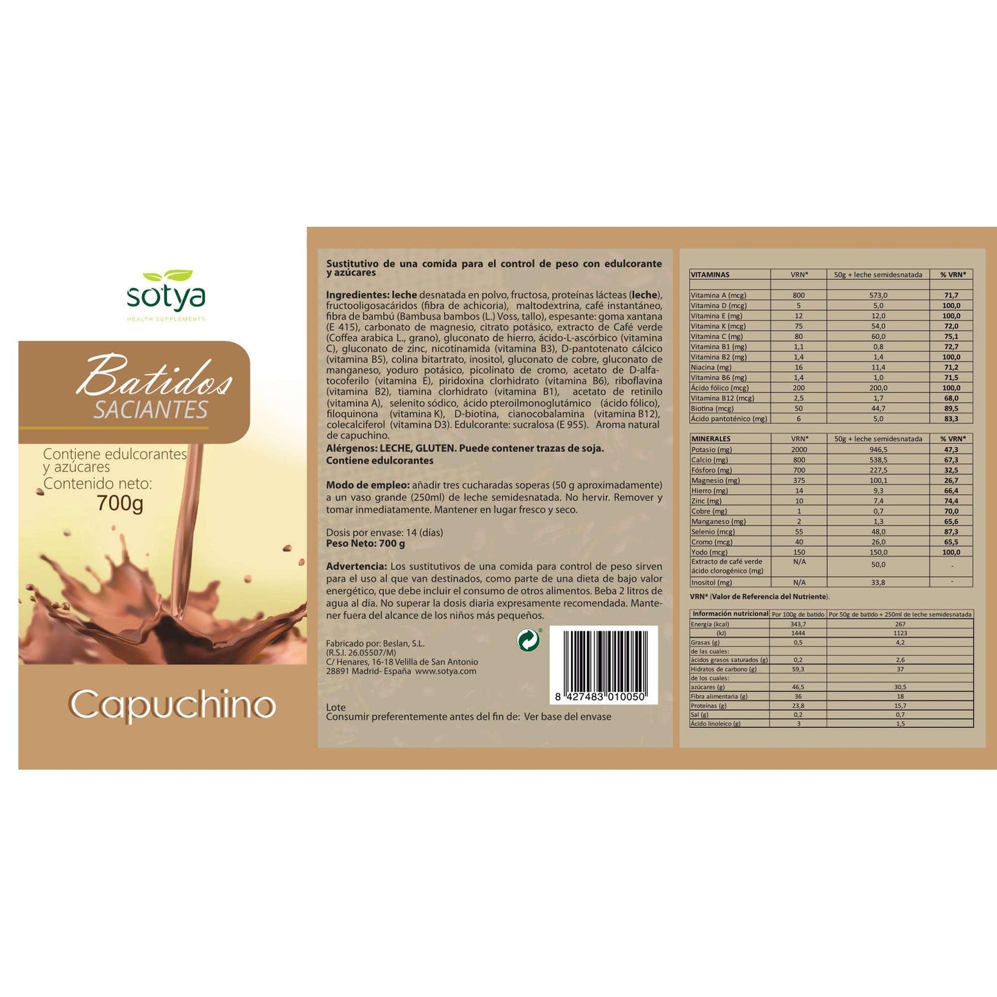 Batido Saciante Capuchino Sotya, 700 g
