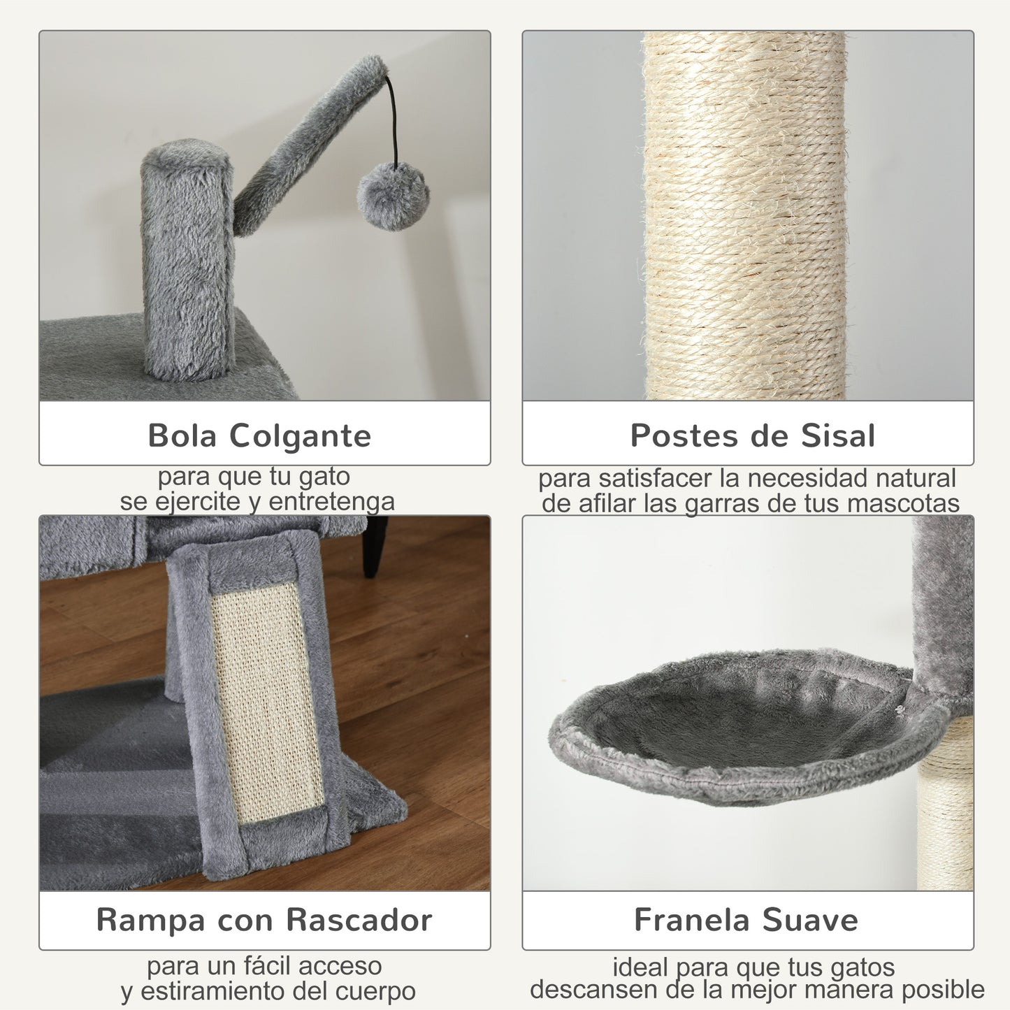 Pawhut Árbol Rascador Para Gatos Altura Ajustable 238-270 Cm Con Hamaca Cueva_5
