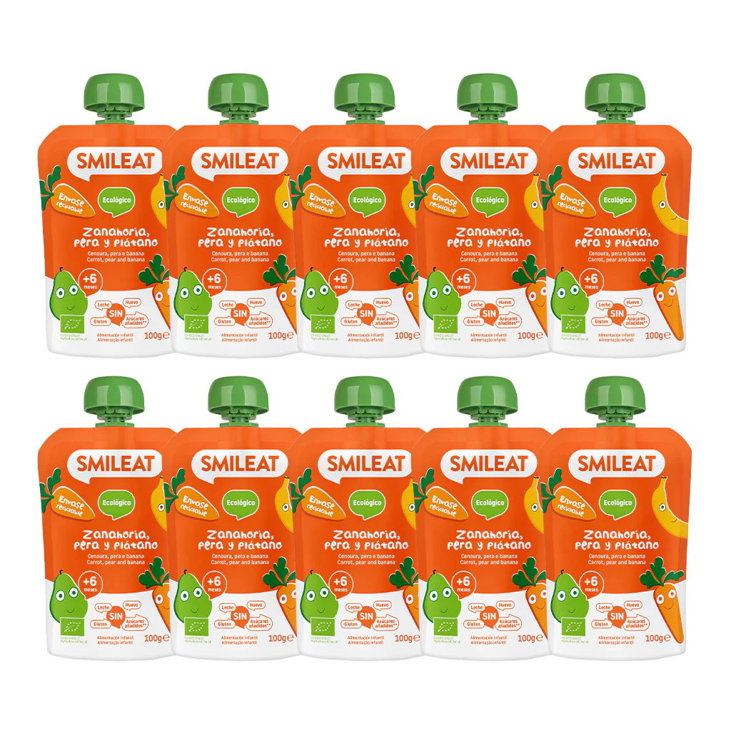 Pack 10 uds Pouches Pera, Plátano y Zanahoria Smileat 100 g