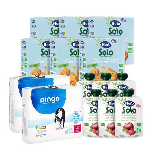 Pack 6 Pouch BIO de Yogur, Manzana y Fresa + 6 Galletitas animales Hero + Pañales T4 (7-18kg) Pingo 80 uds