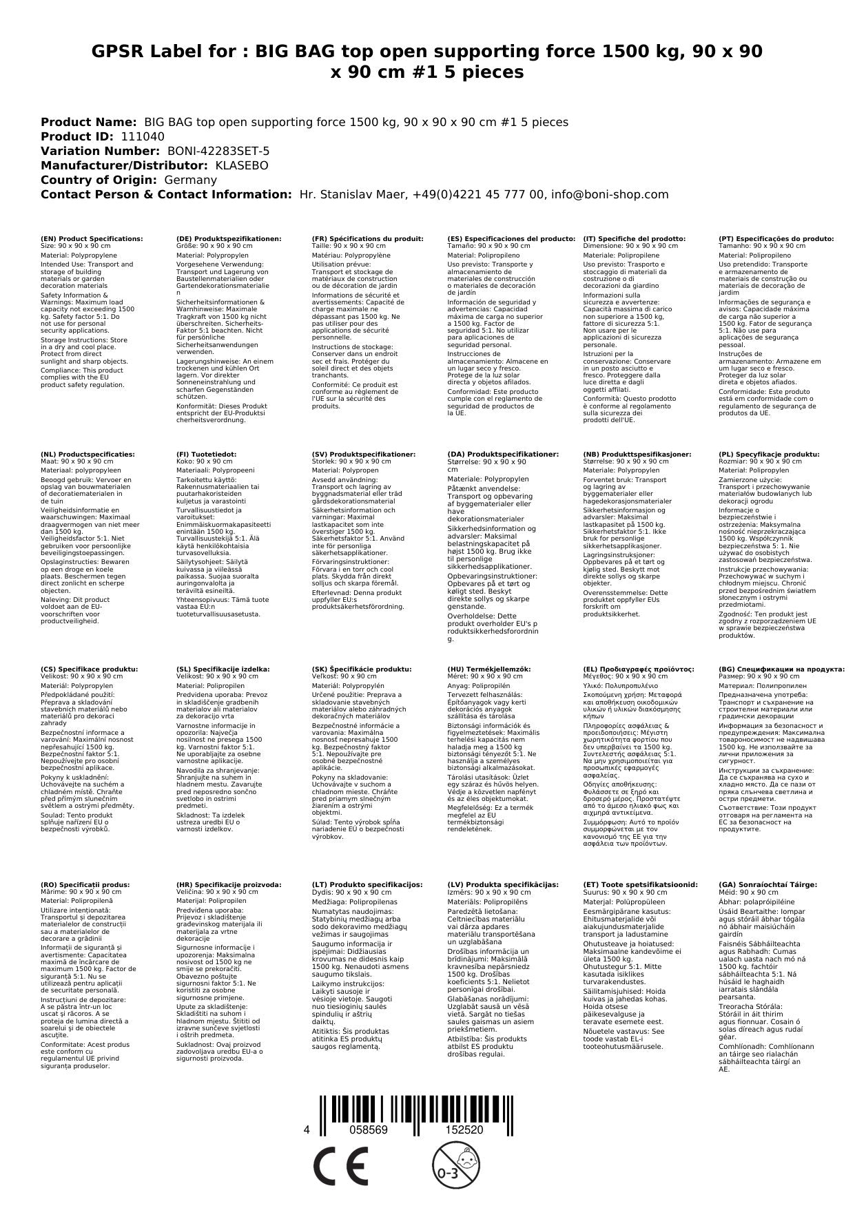 Big Bag Oben Offen Tragkraft 1500 Kg, 90 X 90 X 90 Cm #1 5 Stück_1