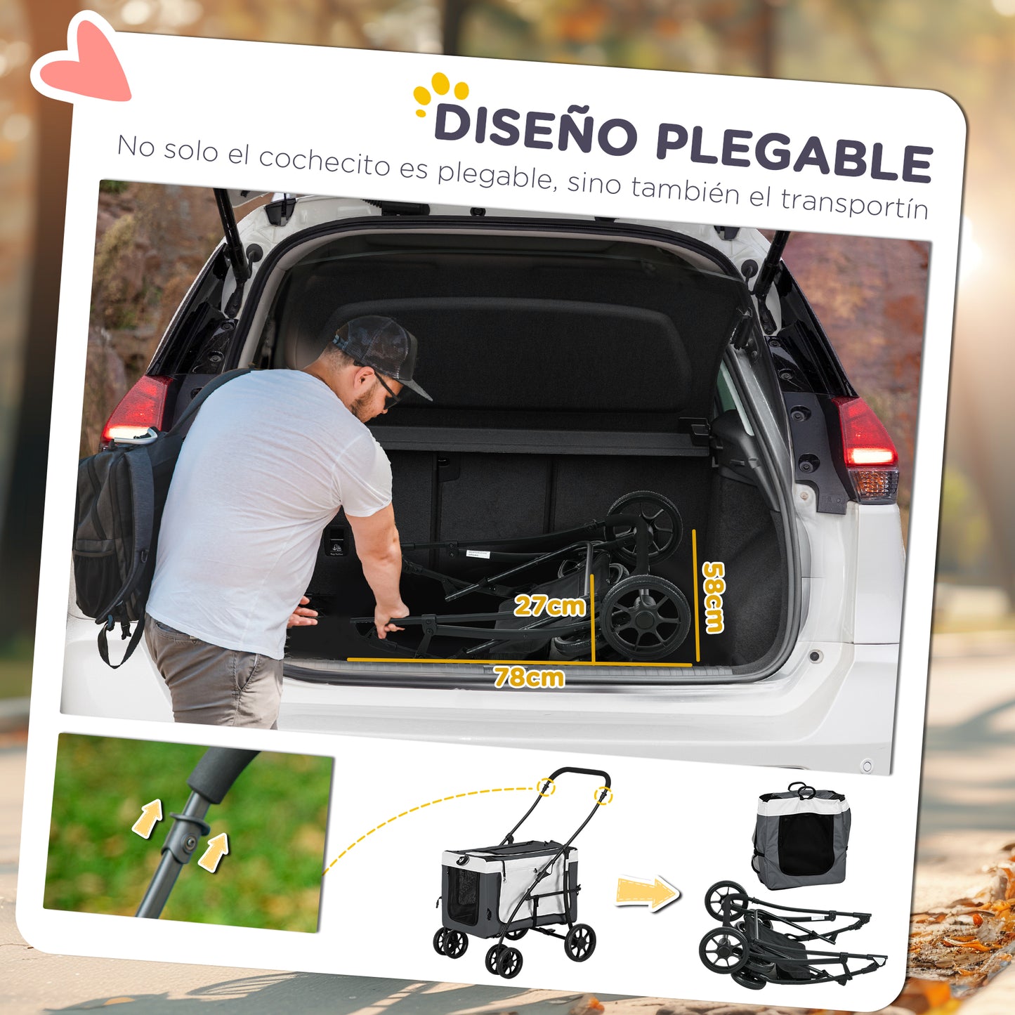 Pawhut Cochecito Para Perros Pequeños Plegable Con Vagón Desmontable Gris_5