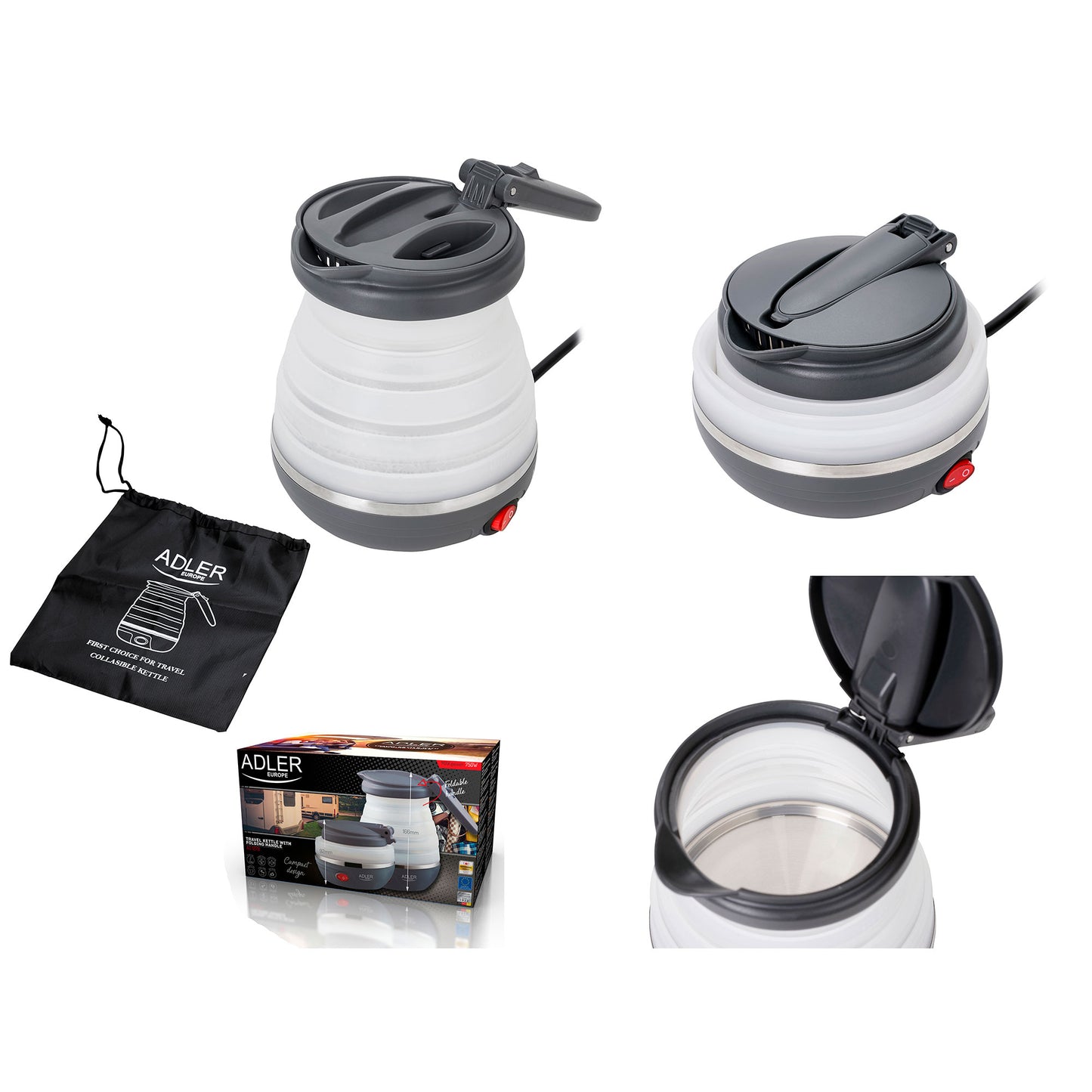 Hervidor Agua Eléctrico Plegable, 0,6l, Silicona Sin Bpa, Resistencia Oculta, Apagado Automátic Adler Ad1279, 750w