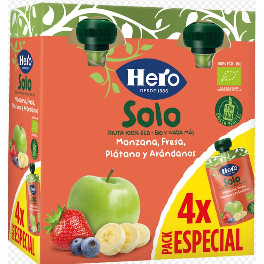 Bolsita Fruta 100 % Eco sabor Manzana, Fresa, Plátano y Arándanos 4x100 g-Hero Solo