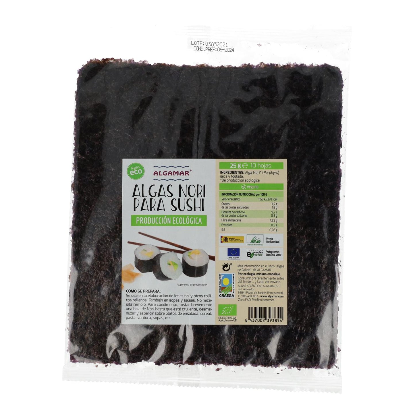 Alga Nori Sushi Bio ALGAMAR 10 hojas 25g