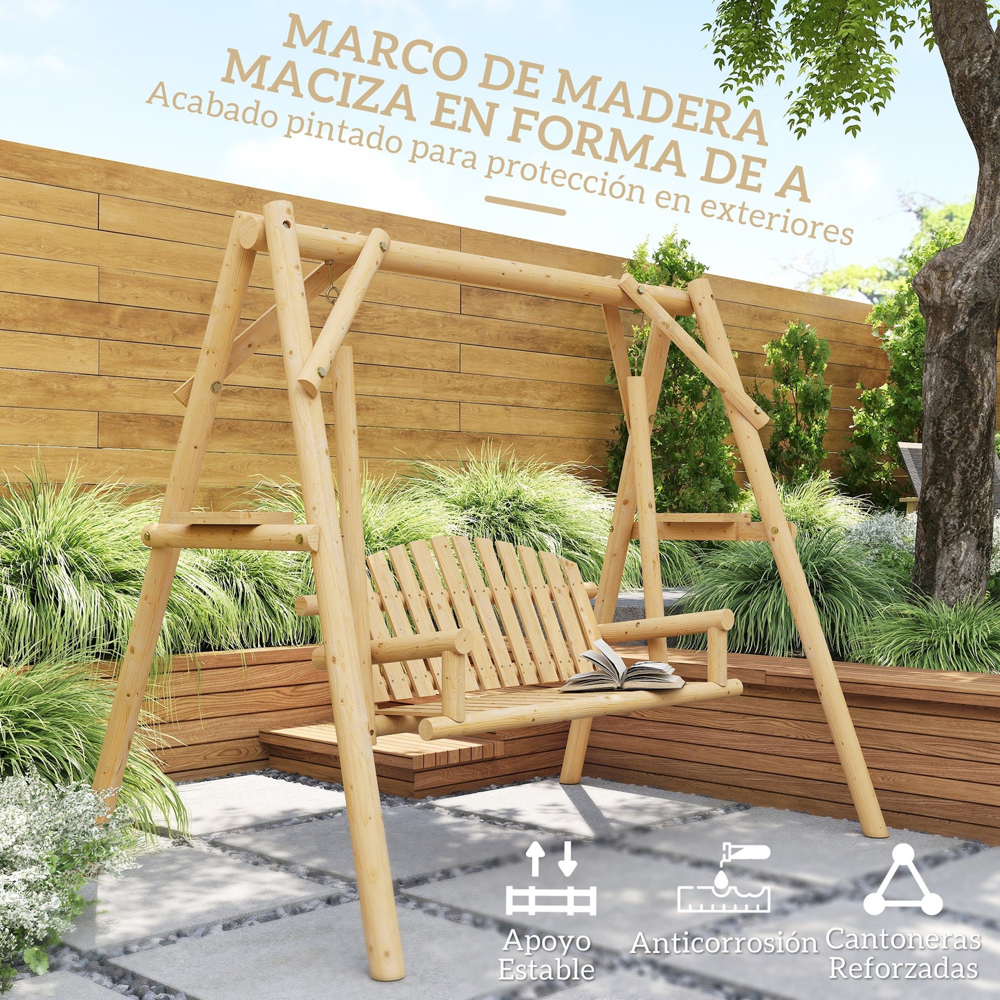Outsunny Banco Columpio De Jardín De Madera De 2 Plazas Con Bandeja Lateral_5