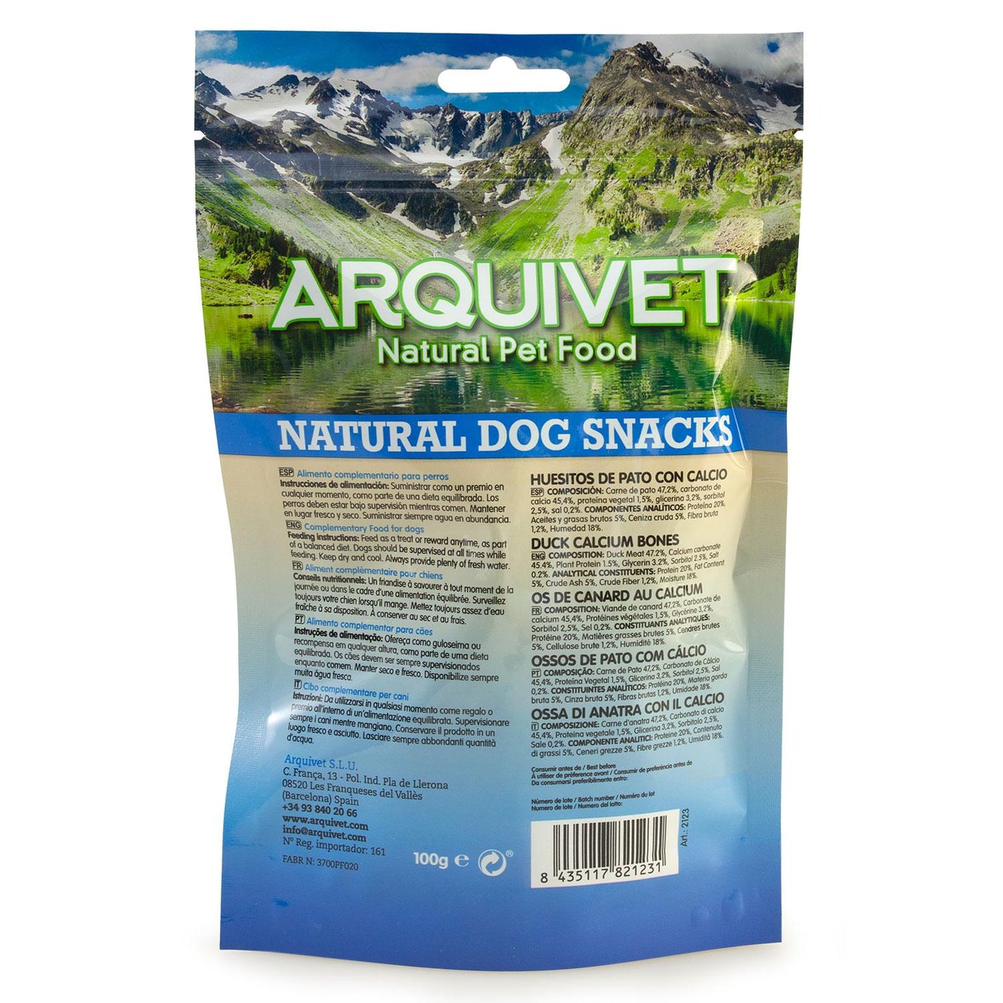 Snack natural para perros Huesitos de pato con calcio Arquivet 100gr