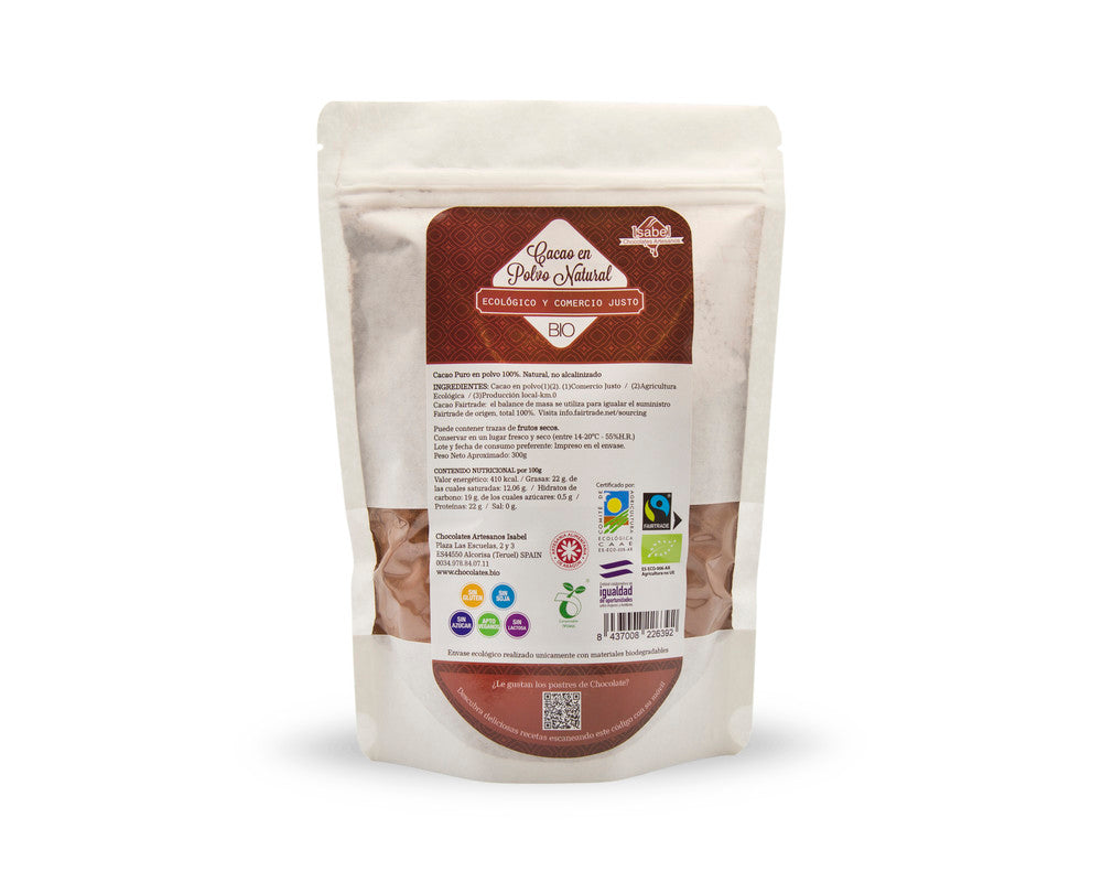 Cacao Bio en polvo puro, natural, sin alcalinizar, ecológico y comercio justo, sin azúcar_0
