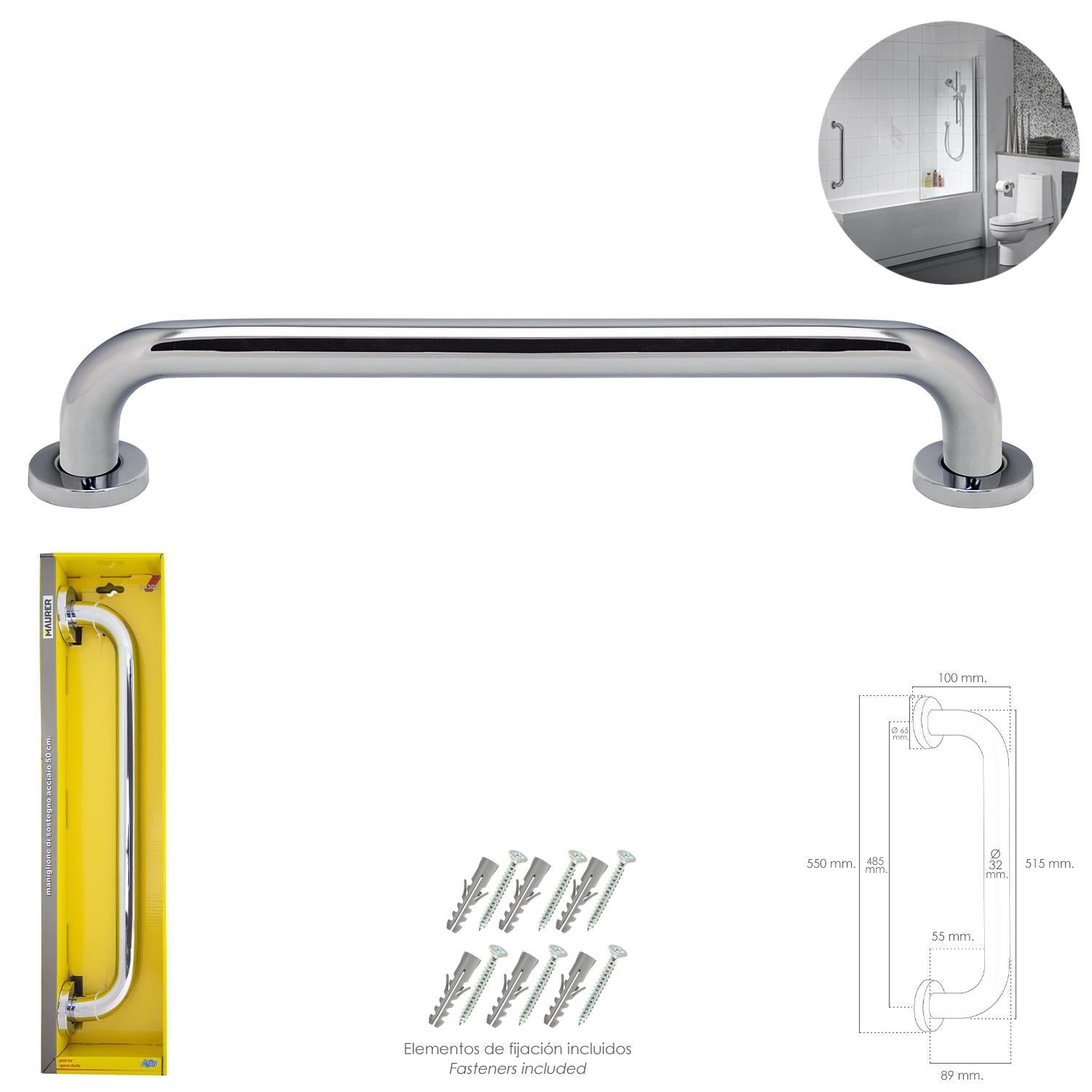 Agarre Ducha Maurer Cromo Brillo Ø 32 Mm. Longitud 50 Cm.