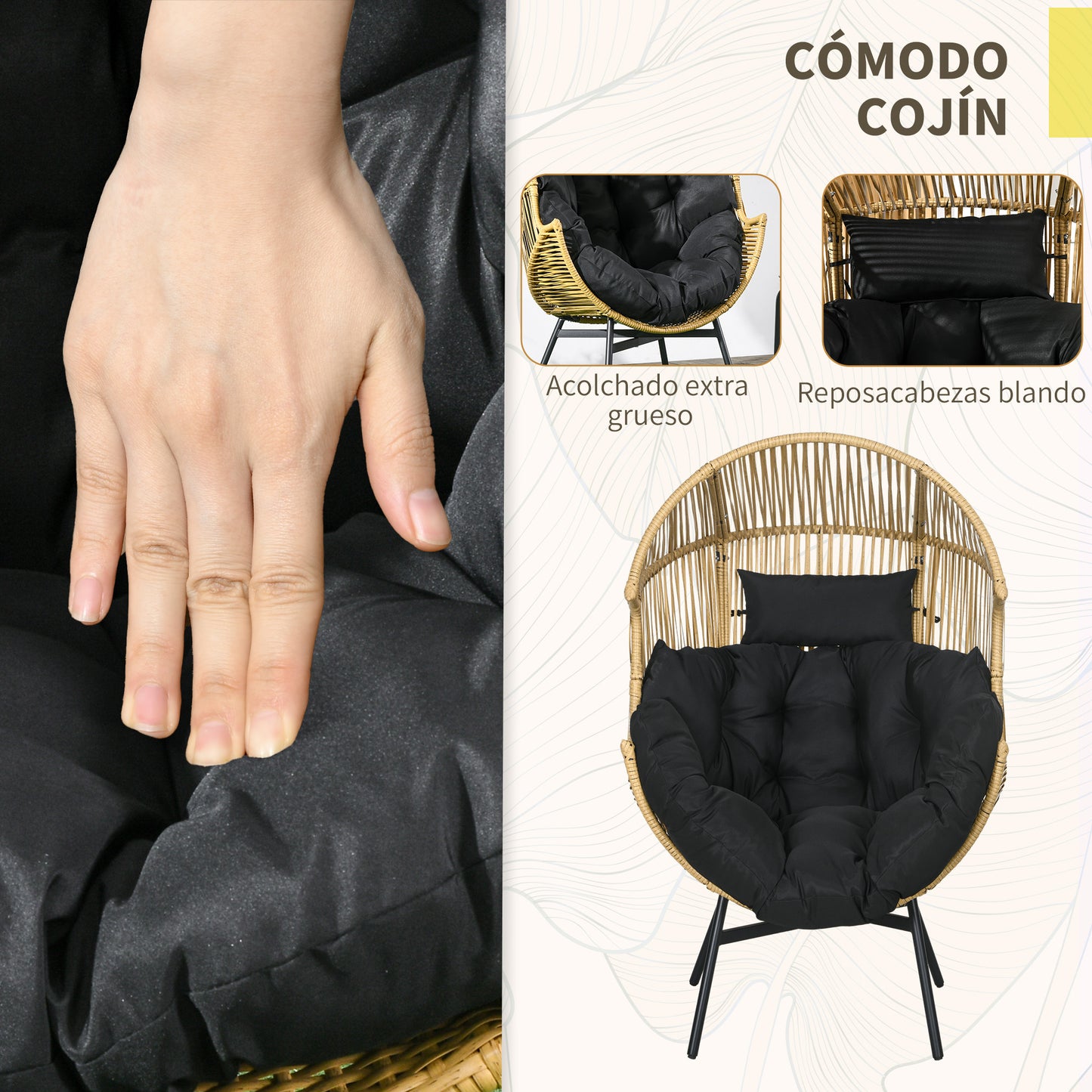 Outsunny Sillón De Ratán Sintético En Forma De Huevo 89x75x143 Cm Arena Y Negro_5
