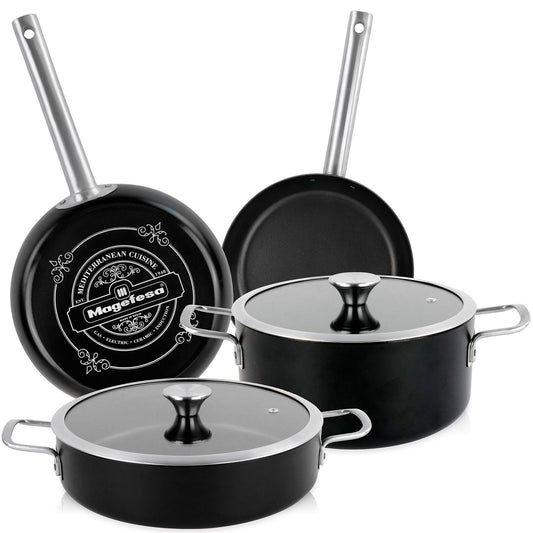 Batería Cocina Inducción 6 Piezas, Antiadherente Libre Pfoa Exterior Negro Mate Retro Vintage Magefesa Ares, Negro