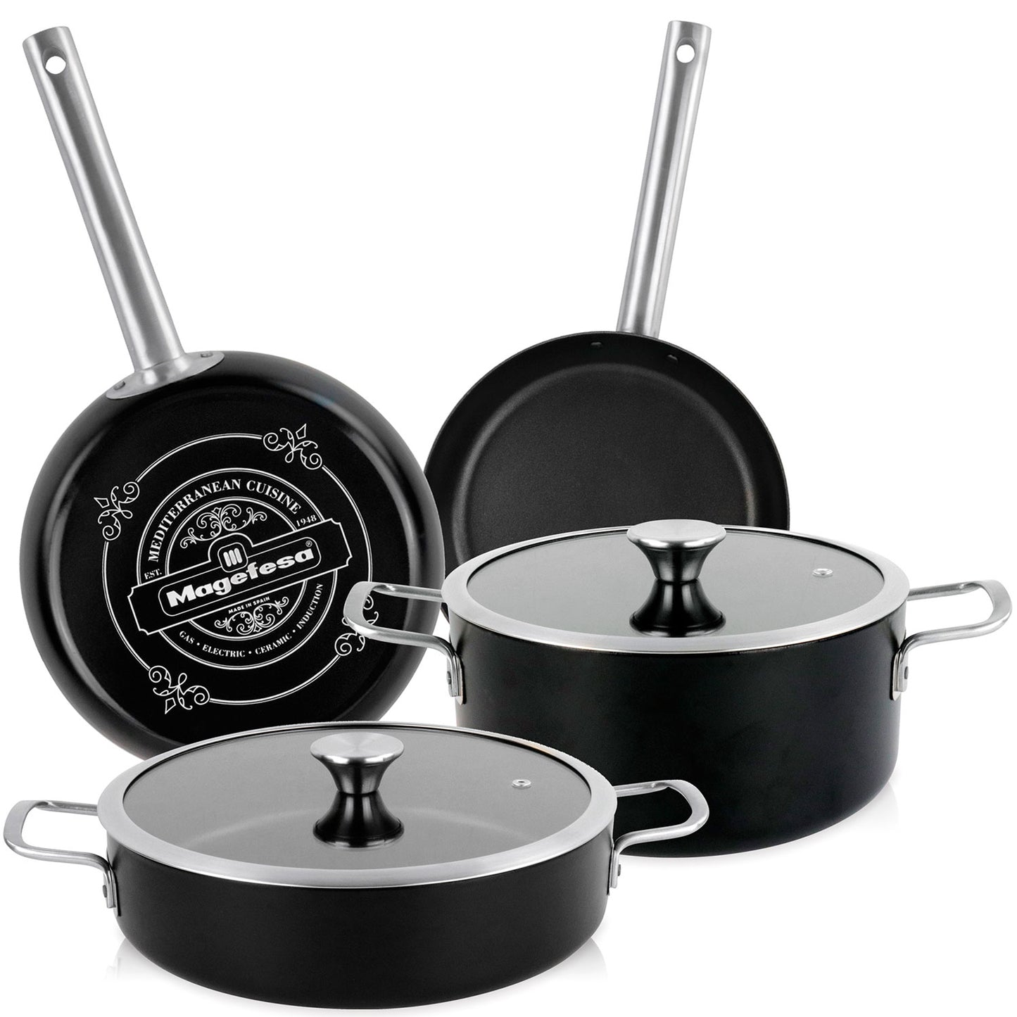 Batería Cocina Inducción 6 Piezas, Antiadherente Libre Pfoa Exterior Negro Mate Retro Vintage Magefesa Ares, Negro