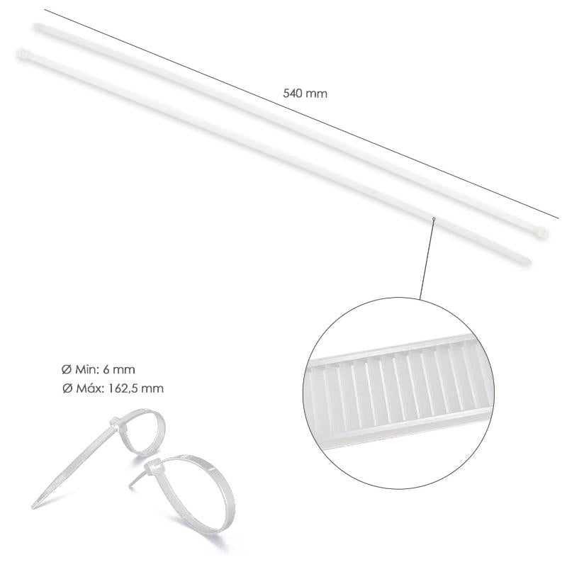 Brida Nylon 100%. Color Blanco / Natural 7,8 X 540 Mm. 100 Piezas. Abrazadera Plastico, Organizador Cables, Alta Resistencia