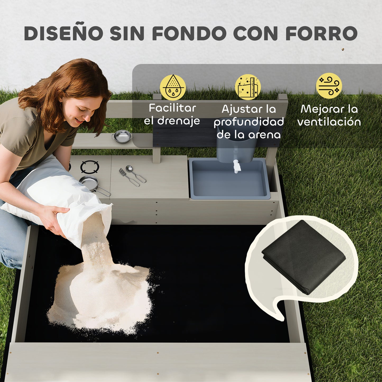 Outsunny Arenero De Madera Para Niños Con Techo Regulable 114x110x110 Cm Gris_5