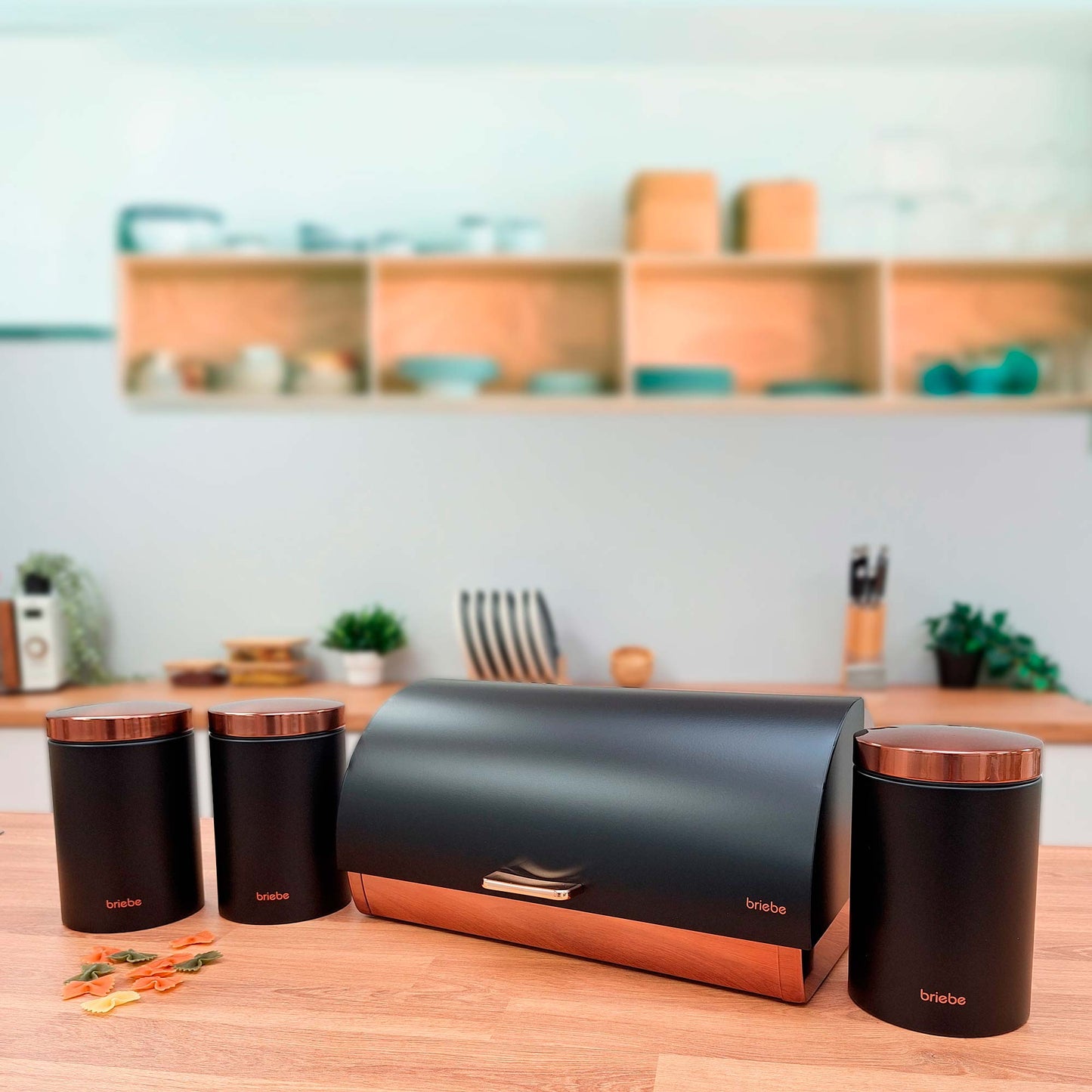 Panera De Mesa +juego 3 Botes Cocina Almacenaje Acero Inoxidable Contenedor De Pan Con Tapa, Briebe, Bb1161, Negro Mate/oro Rosa