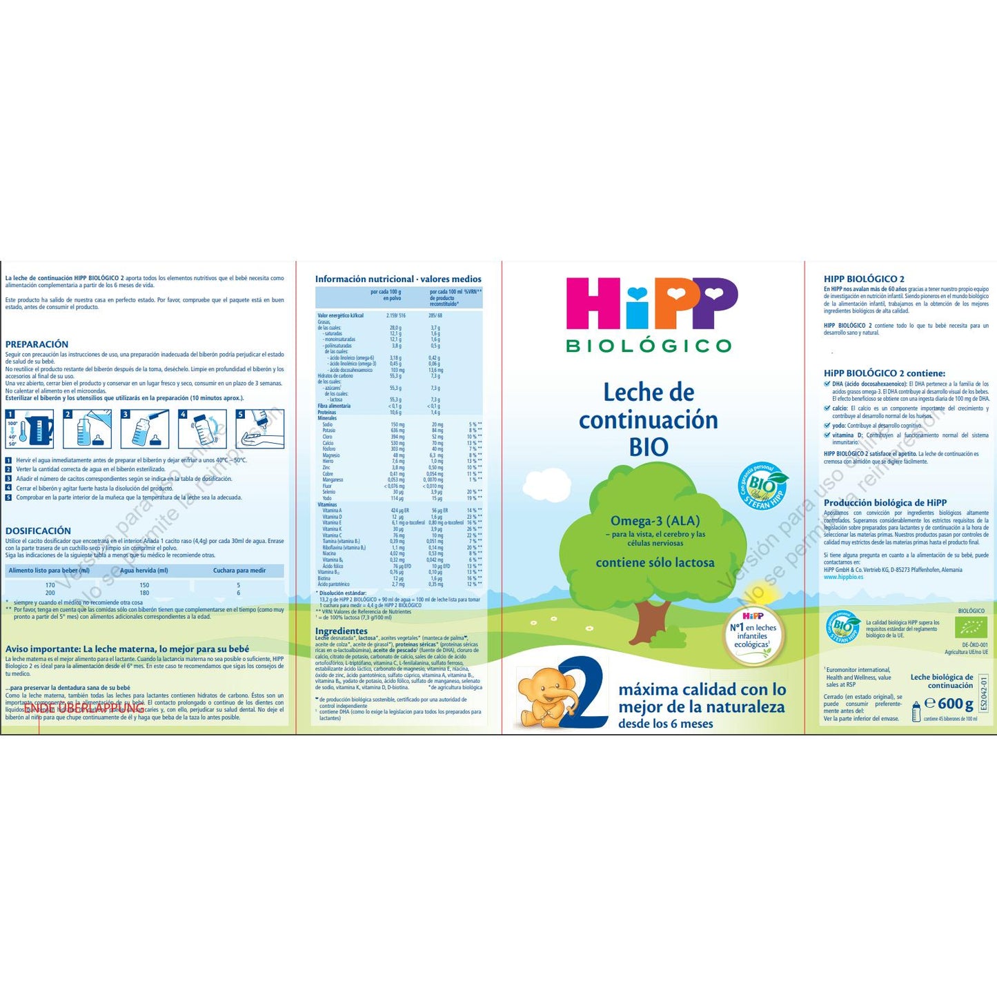 Leche de continuación 2 bio +6 meses HiPP 600 g