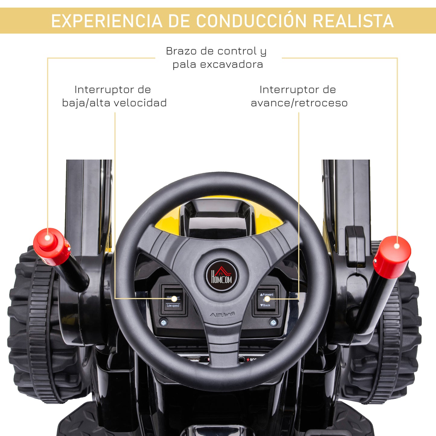 Homcom Tractor Eléctrico Niños +3 Años 6v Pala Luce Velocidad 2 Niveles Amarillo_5
