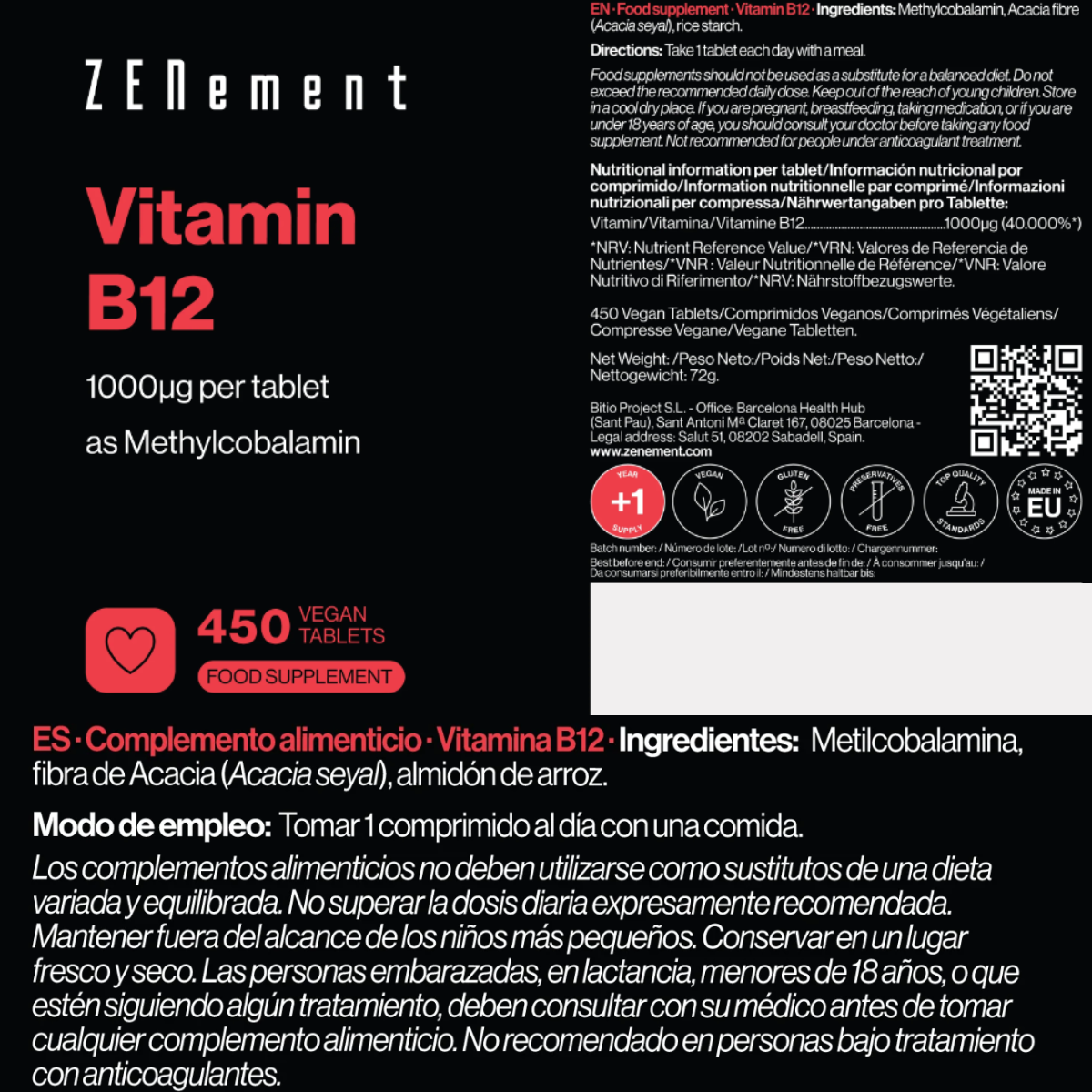 Vitamina B12 1000 mcg Zenement 450 comprimidos veganos