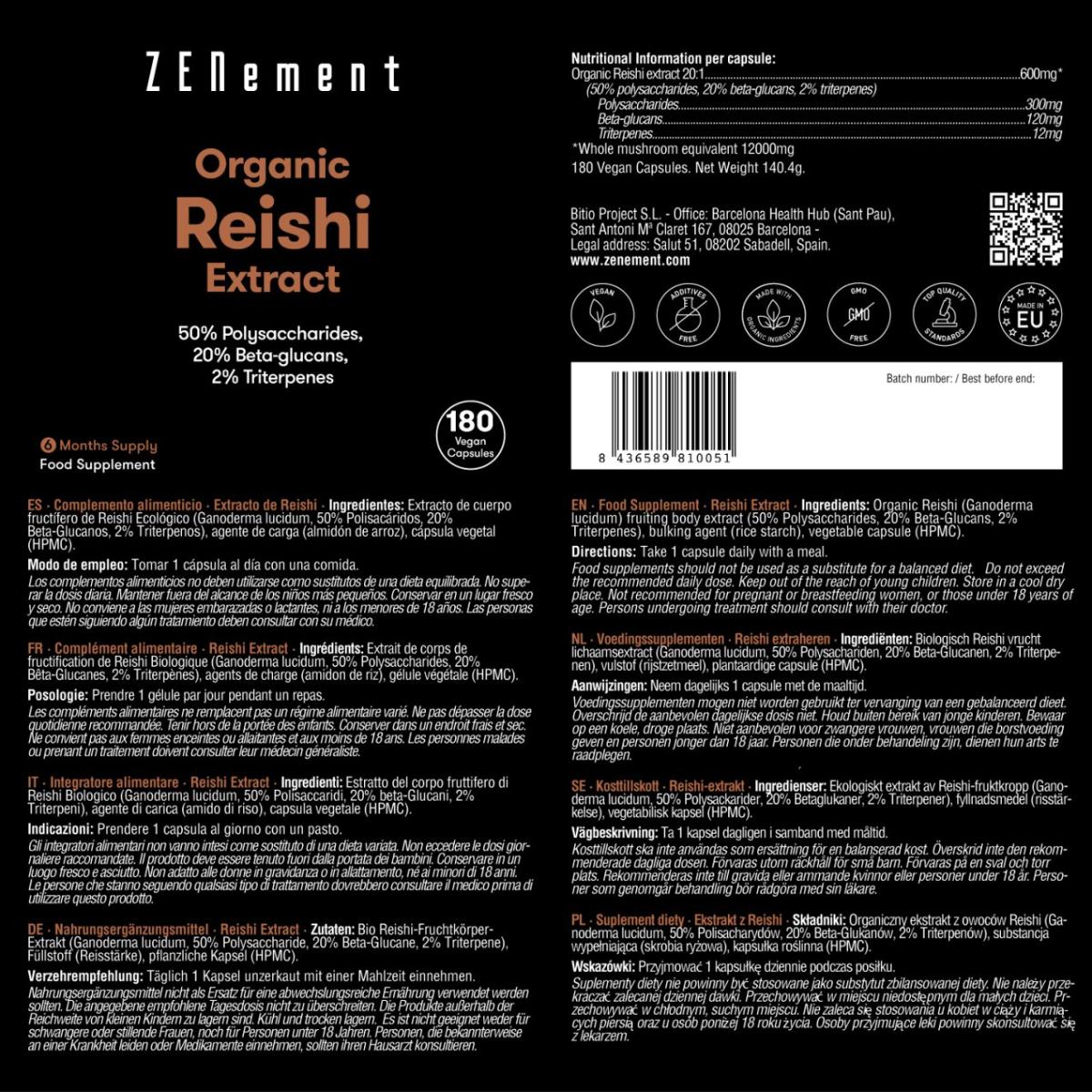 Extracto de Reishi ecológico 12000 mg  Zenement, 180 comprimidos