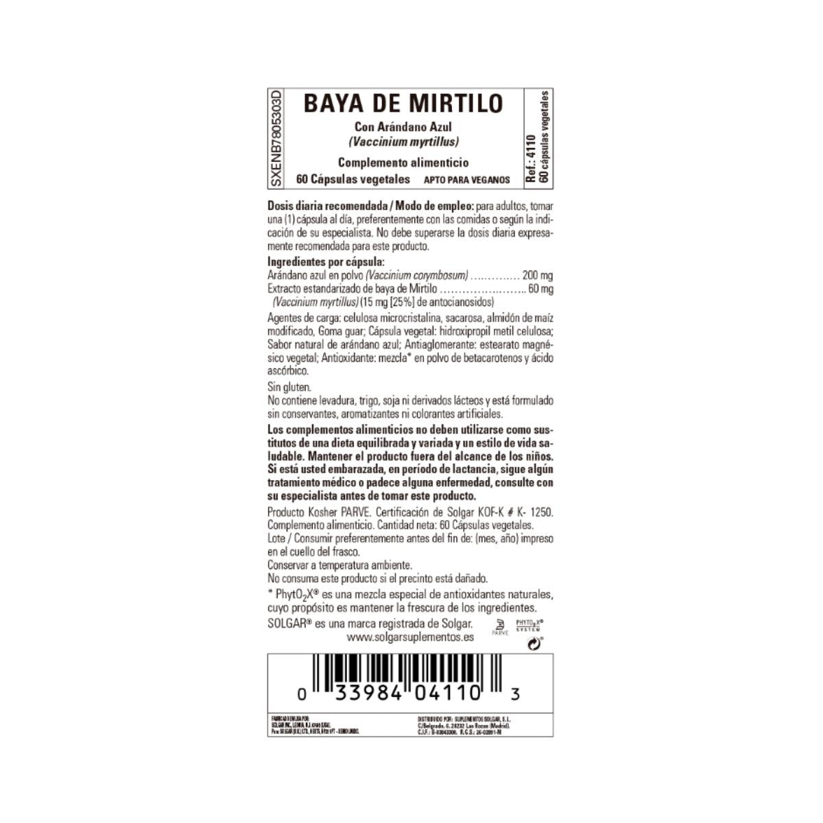 Mirtilo extracto de baya con arándano (Vaccinium myrtillus), 60 cápsulas vegetales