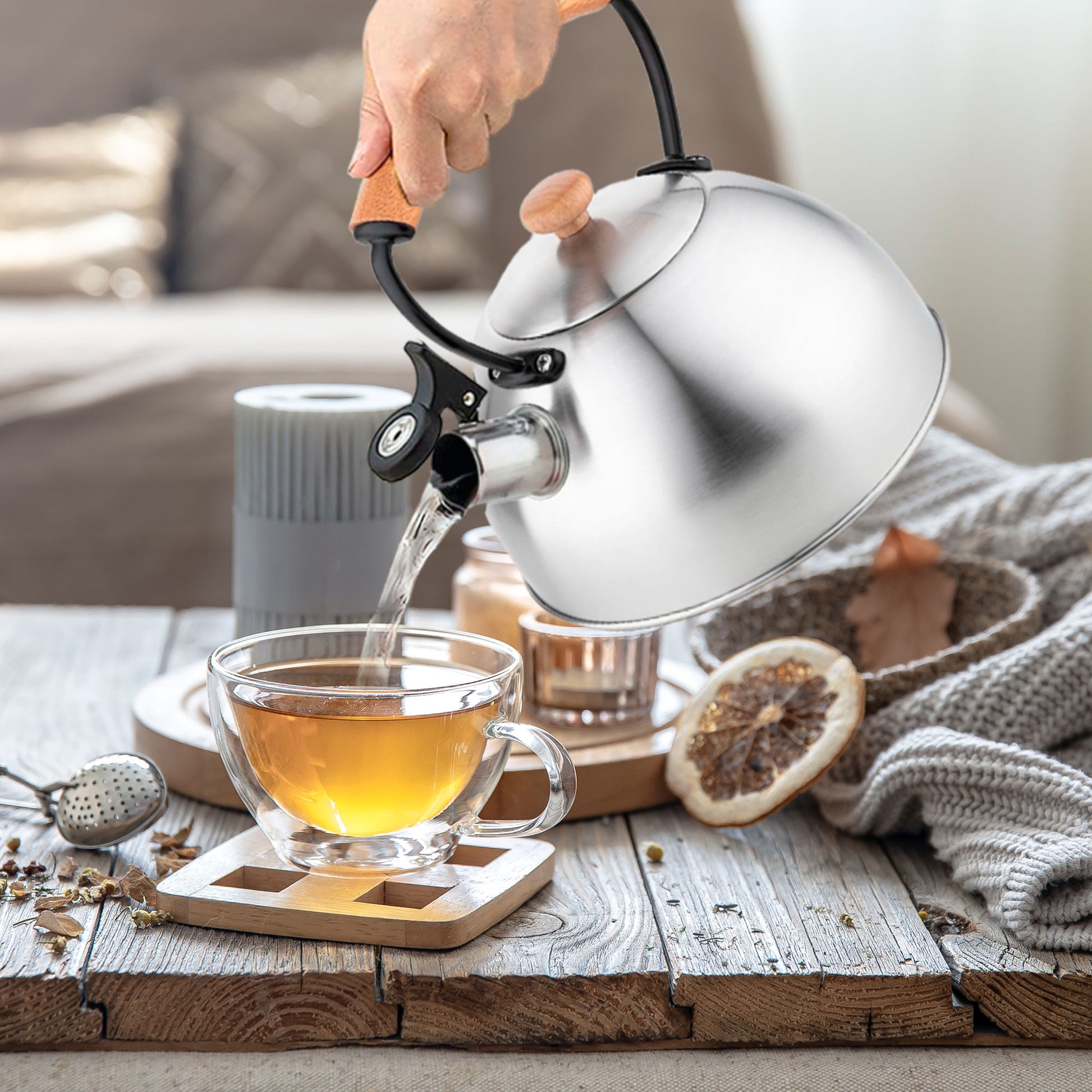 Tetera Con Silbato, Hervidor De Agua 2,5l, Inducción, Acero Inox, Vintage, Mango Madera, Briebe, Wooden, Acero Inoxidable