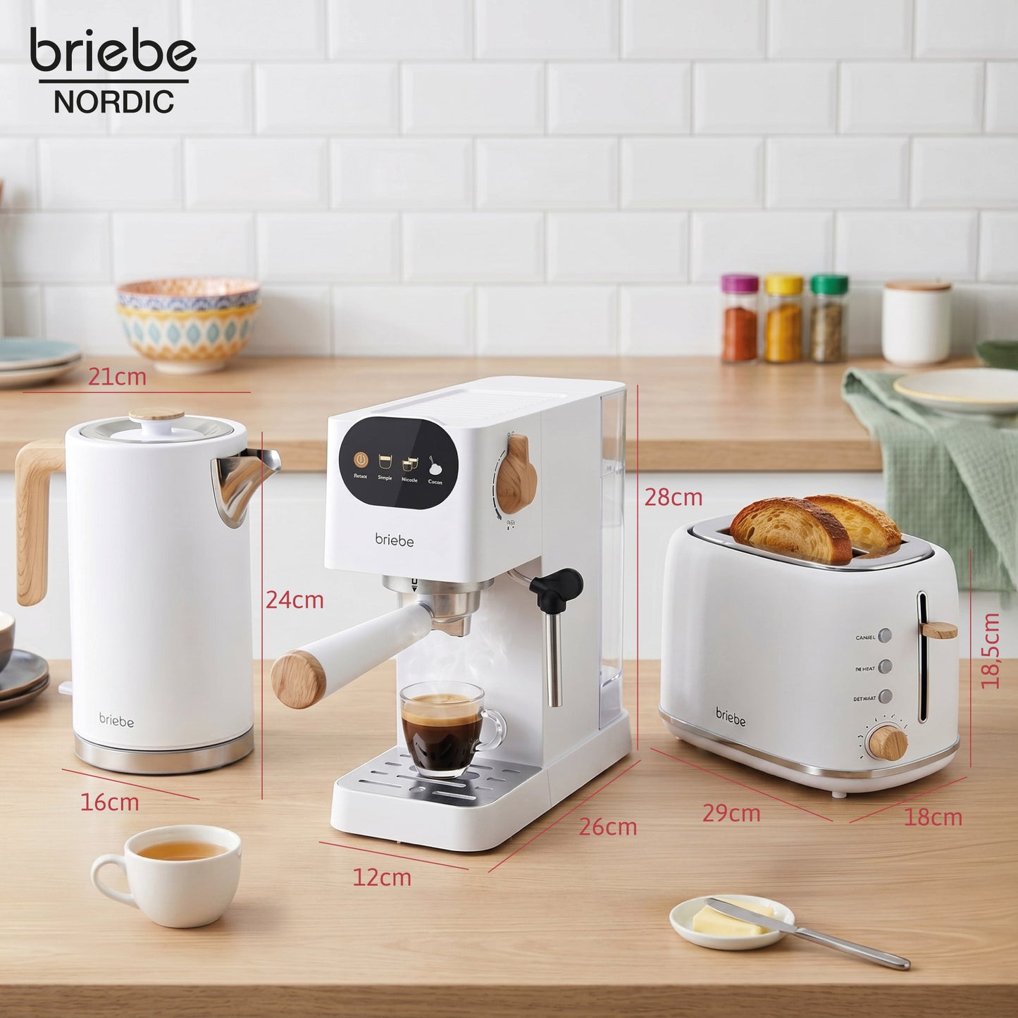 Briebe Nordic Set Cafetera Espresso 20 Bares, Tostadora Pan 2 Rebanadas, Hervidor Eléctrico Agua 1,7l,skt1209wht,blanco_5