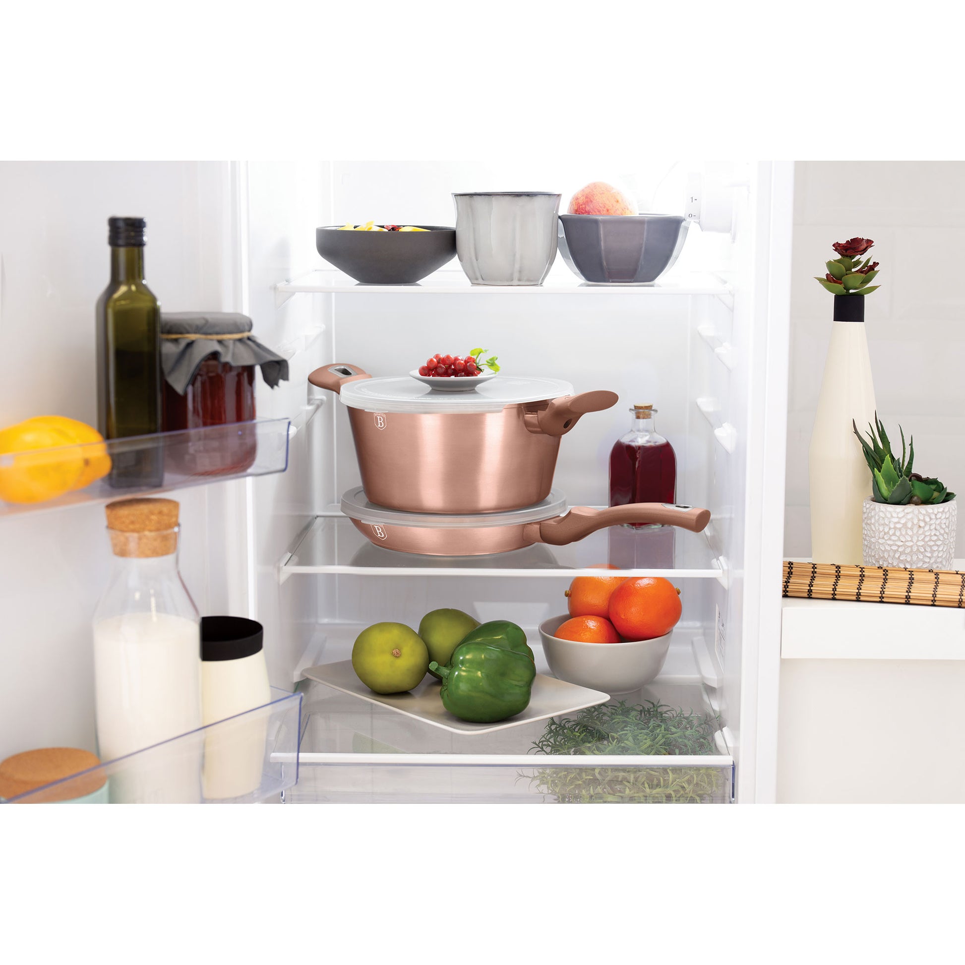 Batería De Cocina Aluminio Forjado Antiadherente Sin Pfoa, Set 2 Cacerolas, 1 Sartén, Tapas Berlinger Haus Rose Gold Oro Rosado